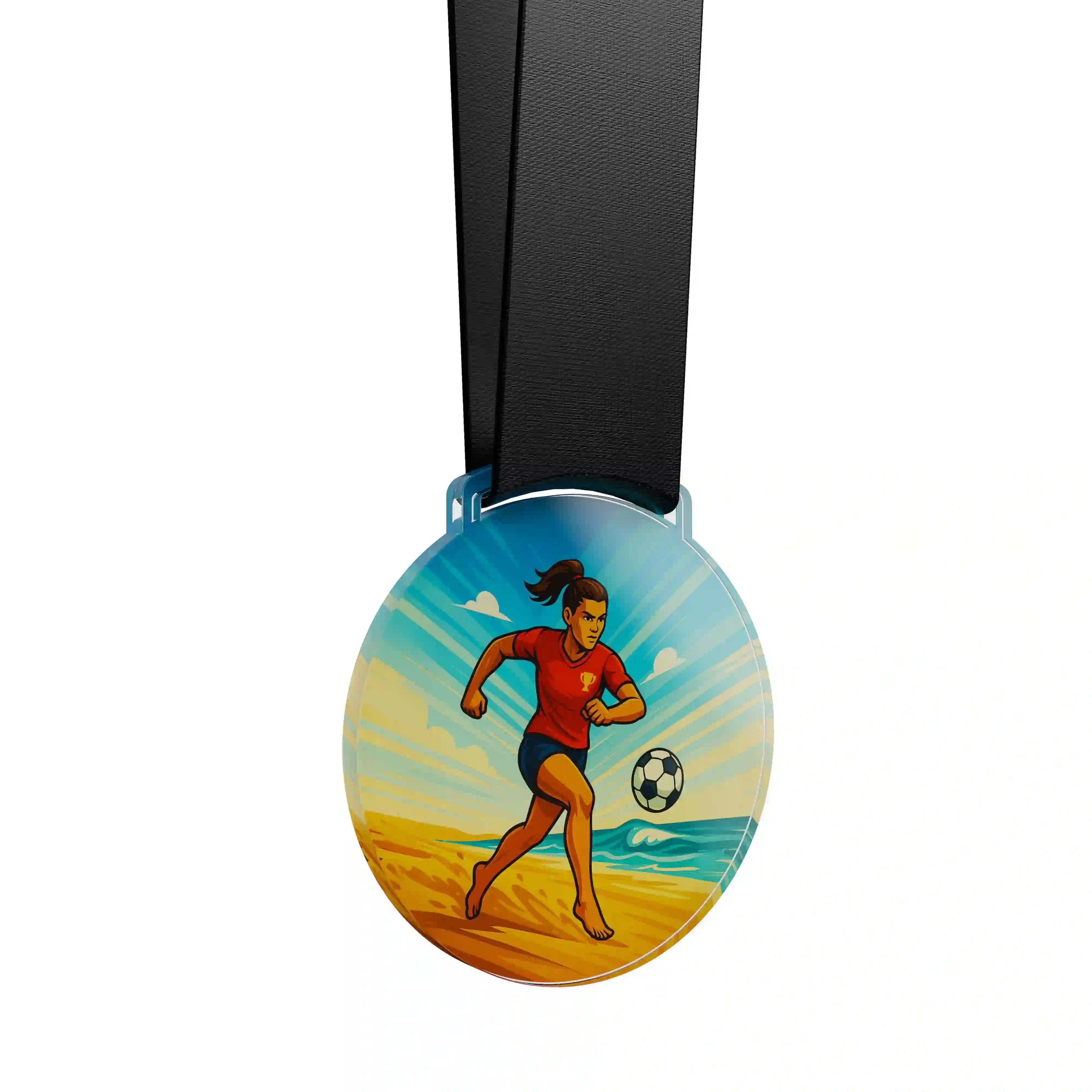 médaille en acrylique d'une femme faisant du beach soccer