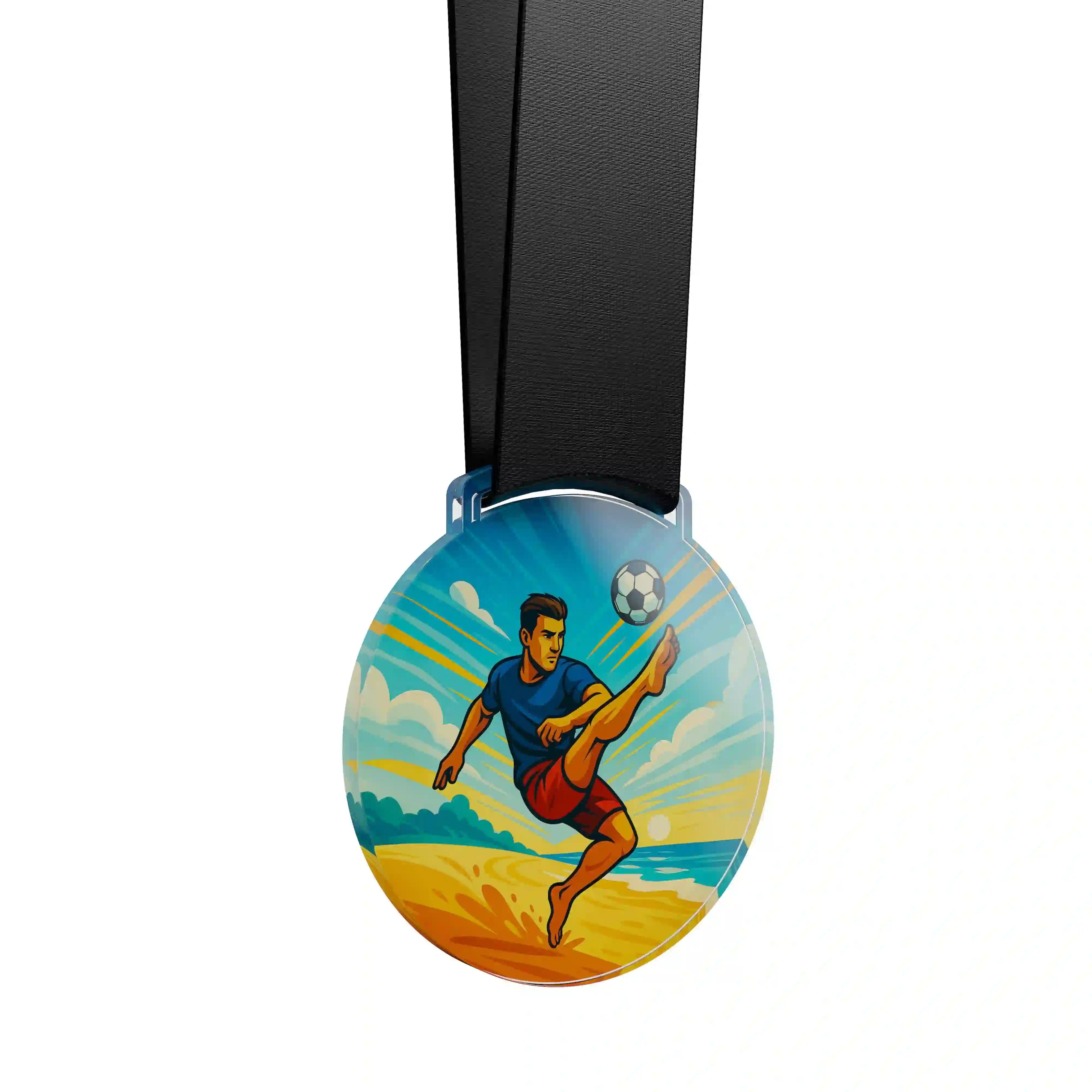 médaille en acrylique d'un homme faisant du beach soccer