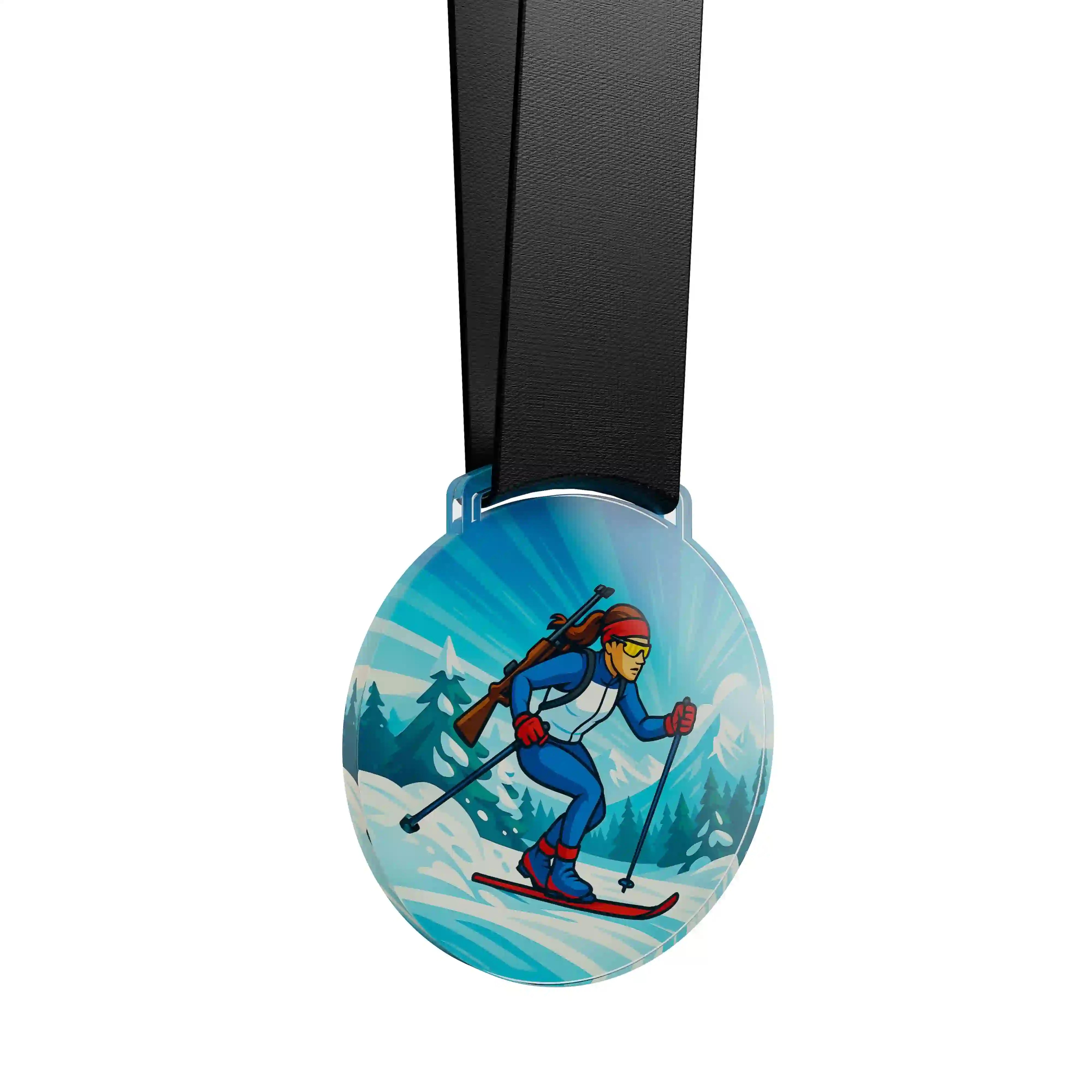 médaille en acrylique d'une femme faisant du biathlon