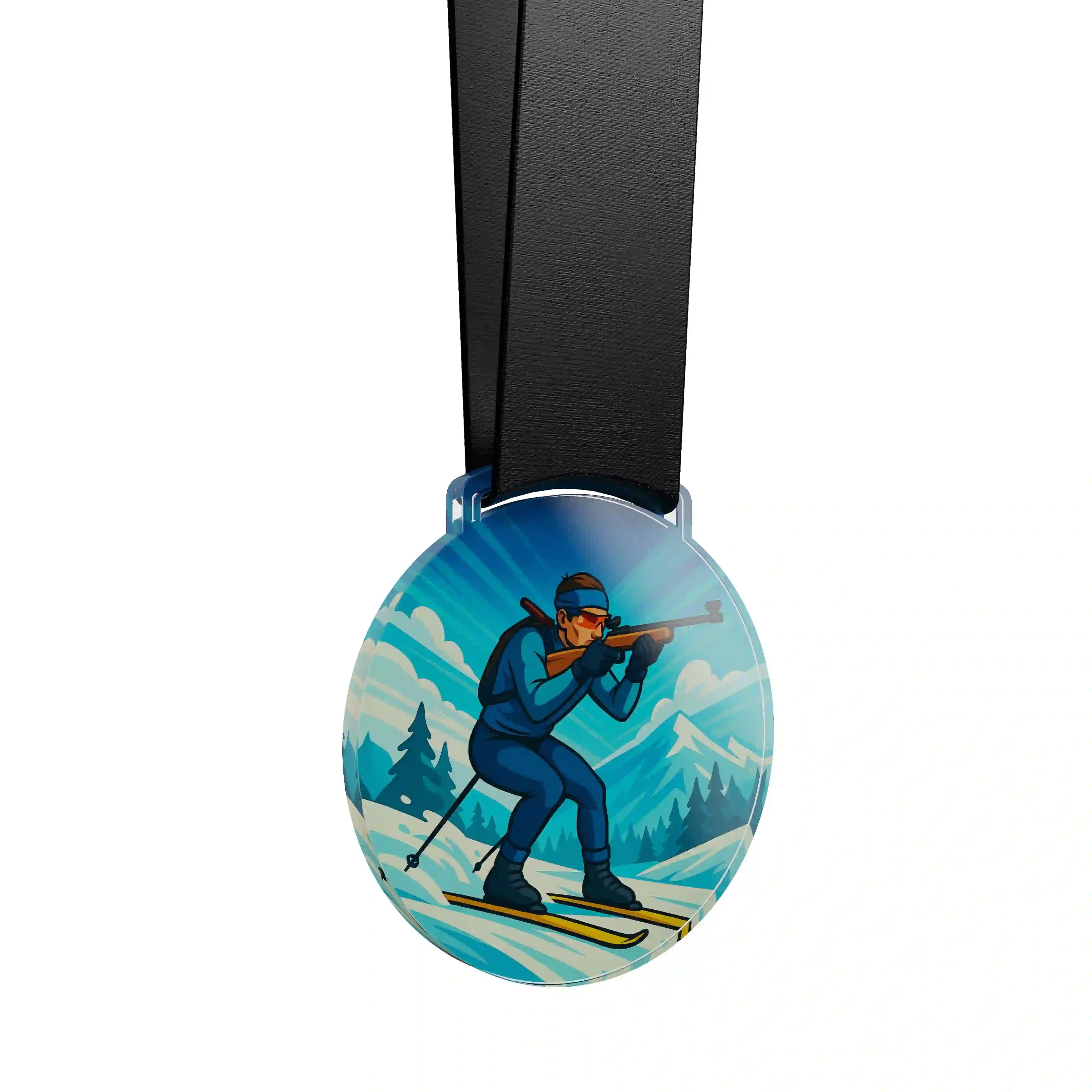 médaille en acrylique d'un homme faisant du biathlon