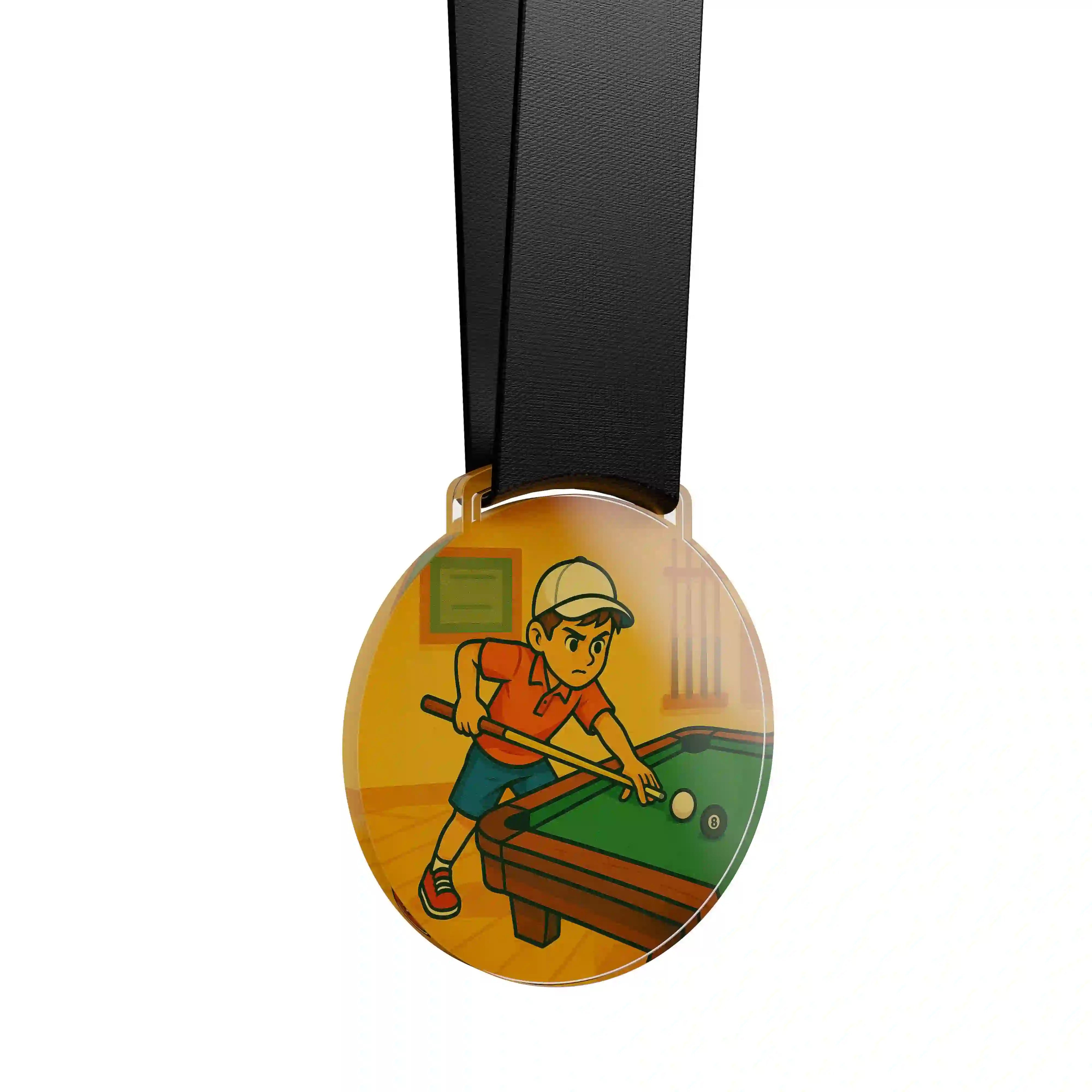 médaille acrylique d'un jeune garçon faisant du billard