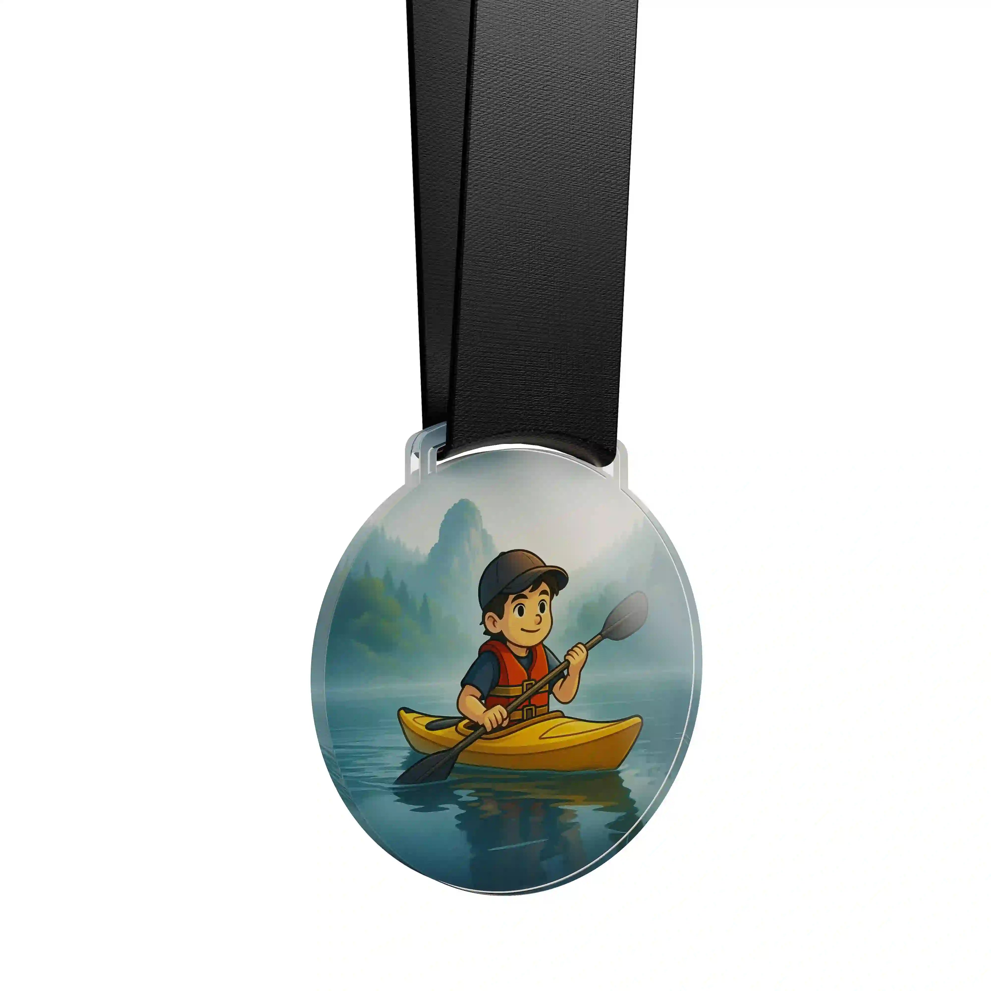 médaille acrylique d'un jeune garçon faisant du canoë kayak