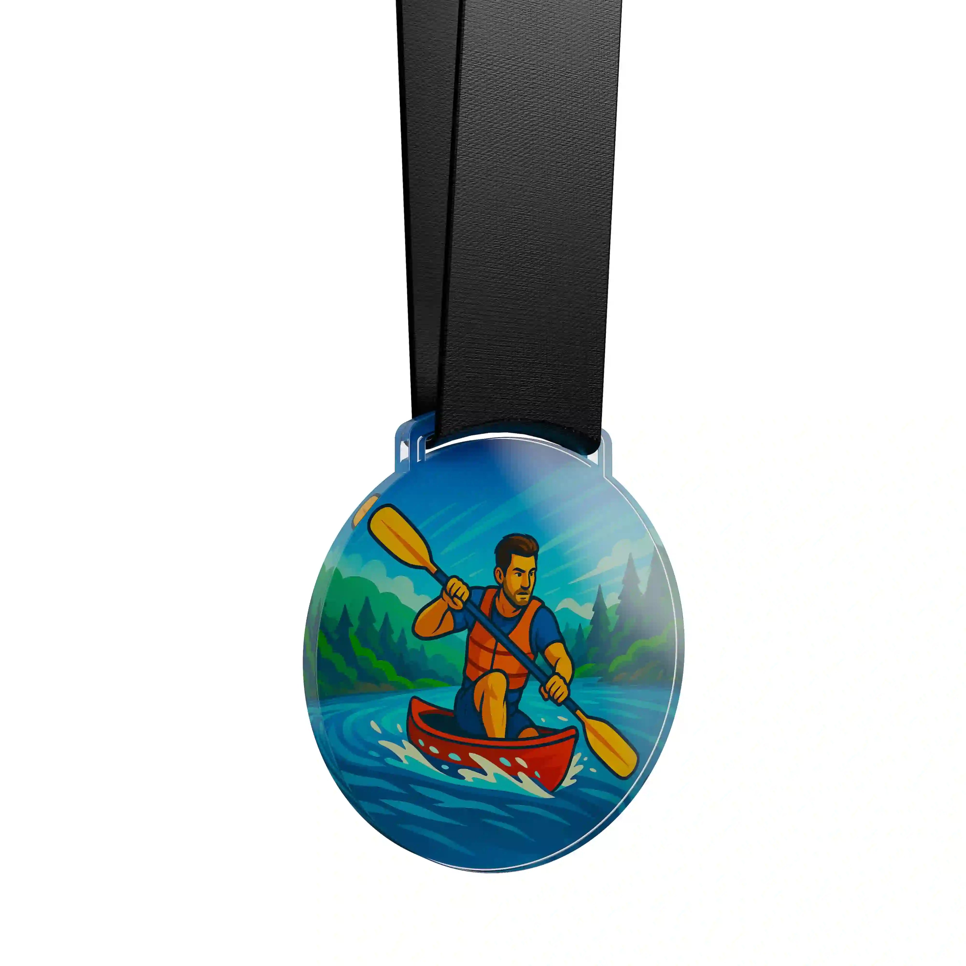 médaille en acrylique d'un homme faisant du canoë kayak