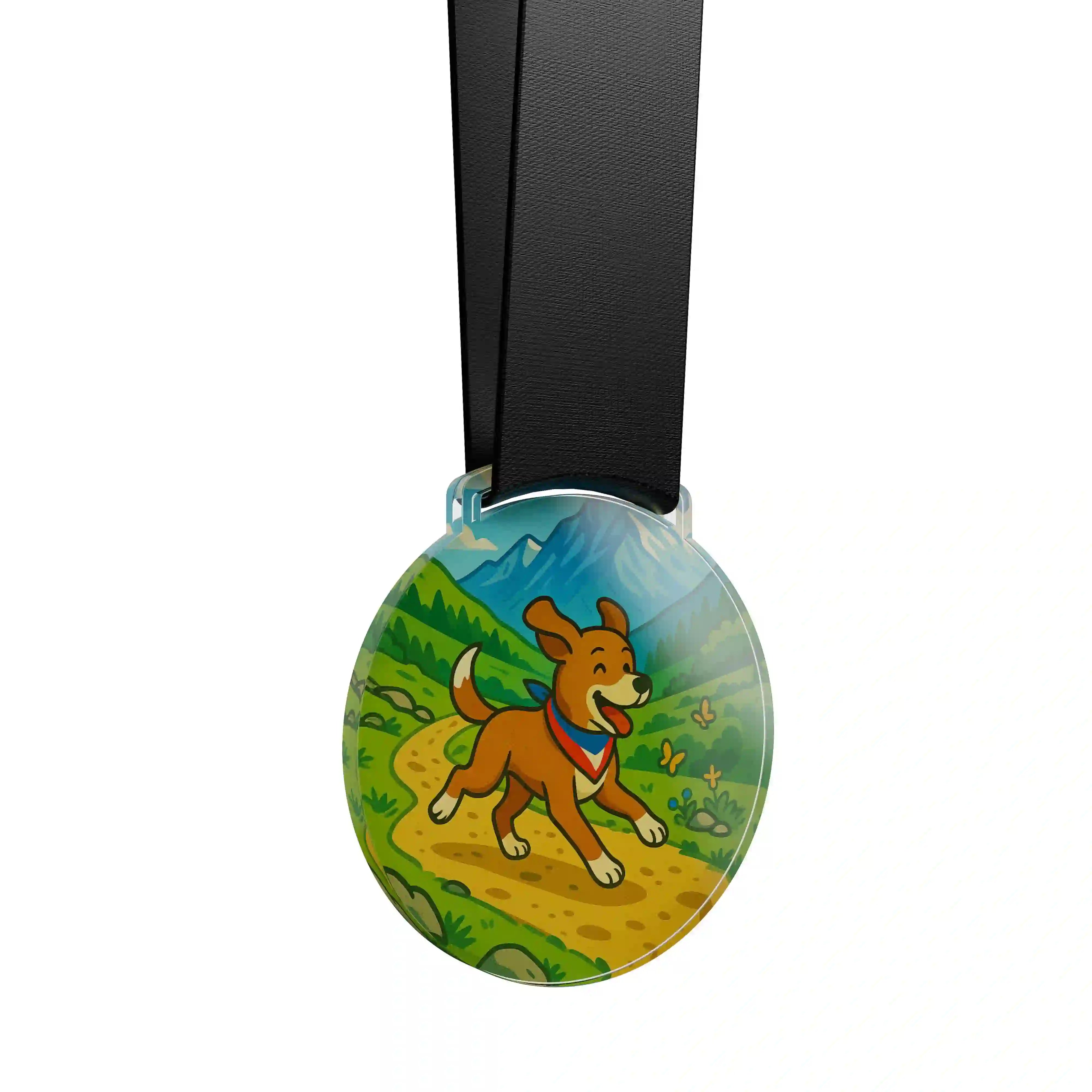 médaille acrylique d'un chien qui gambade dans la montage