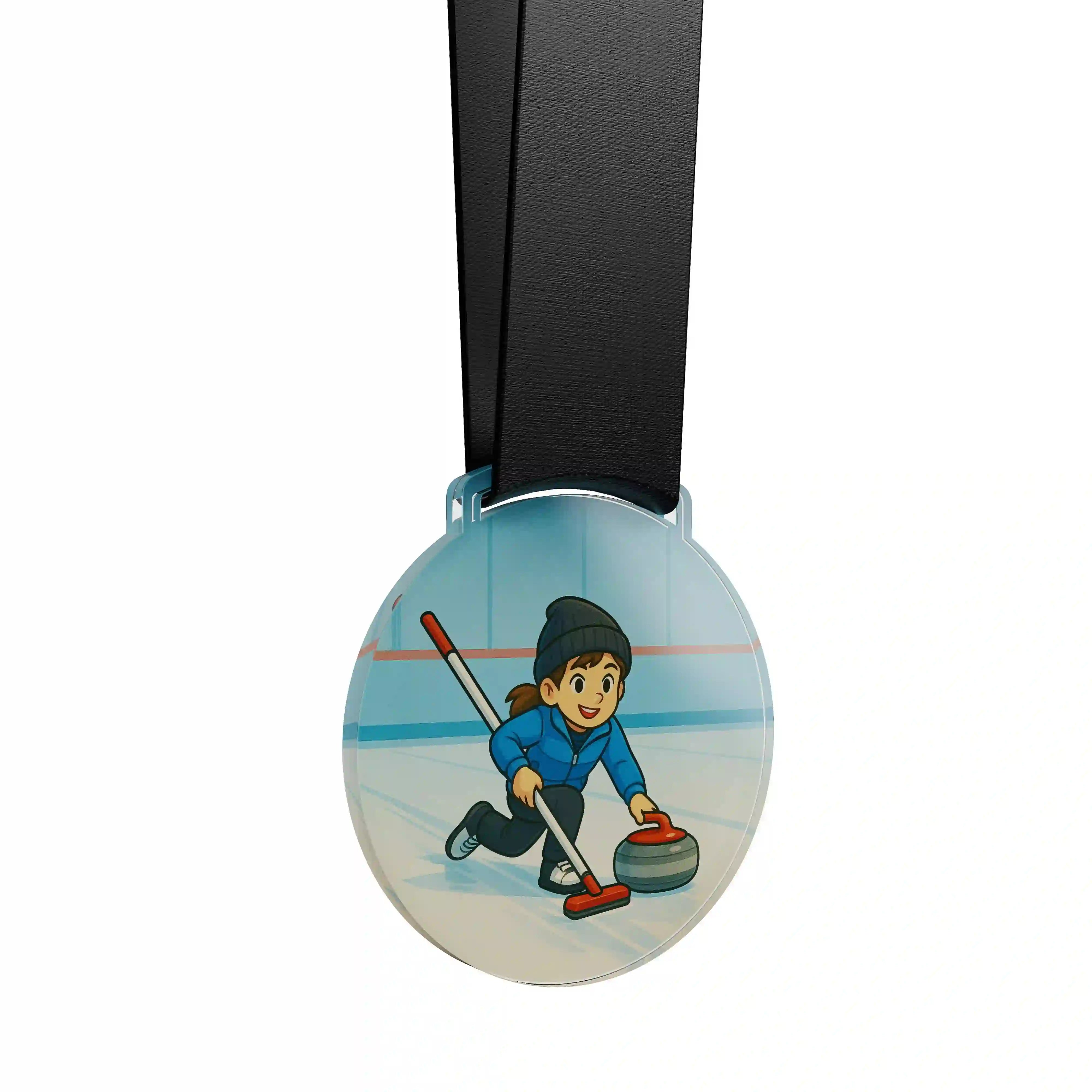 médaille acrylique d'une jeune fille faisant du curling