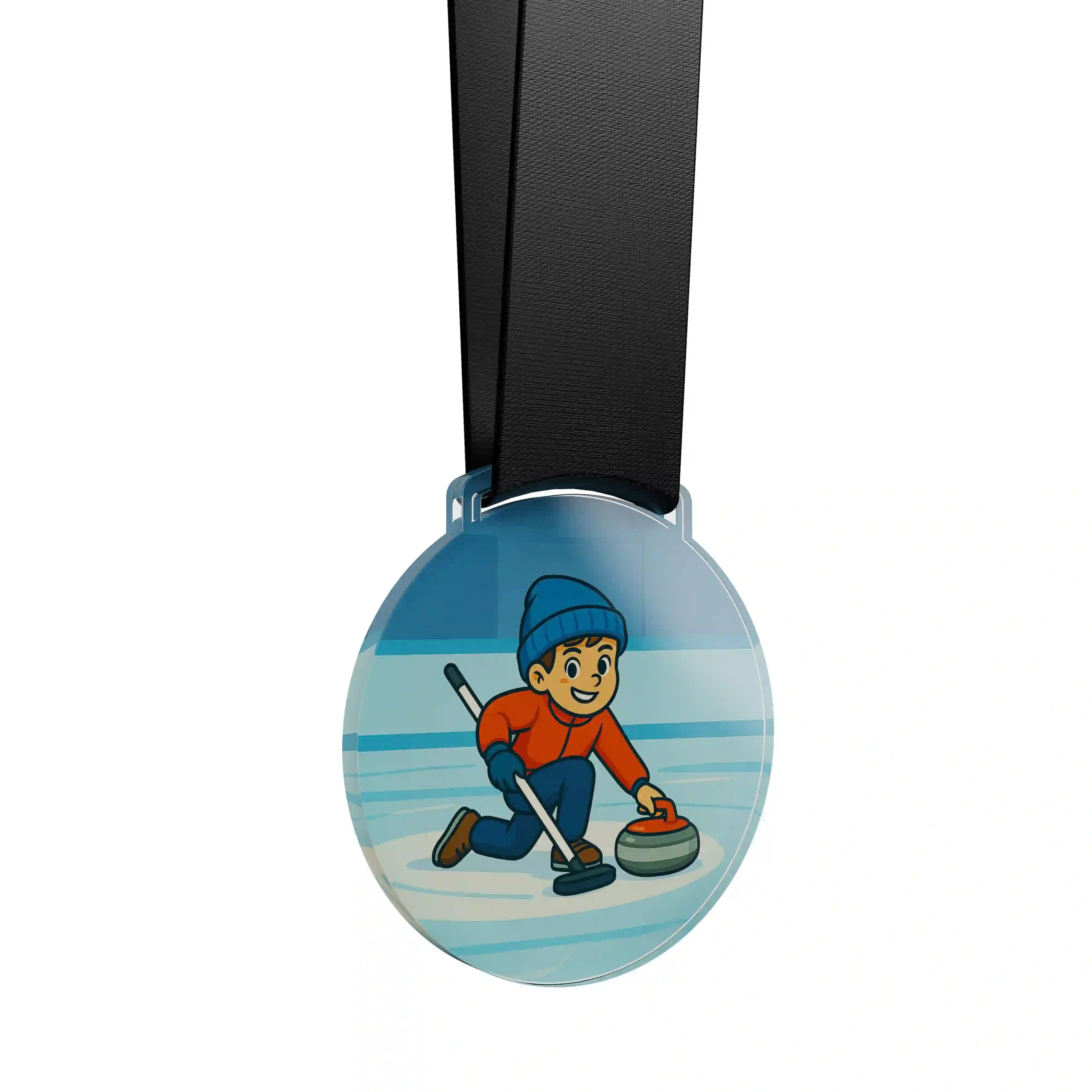 médaille acrylique d'un jeune faisant du curling