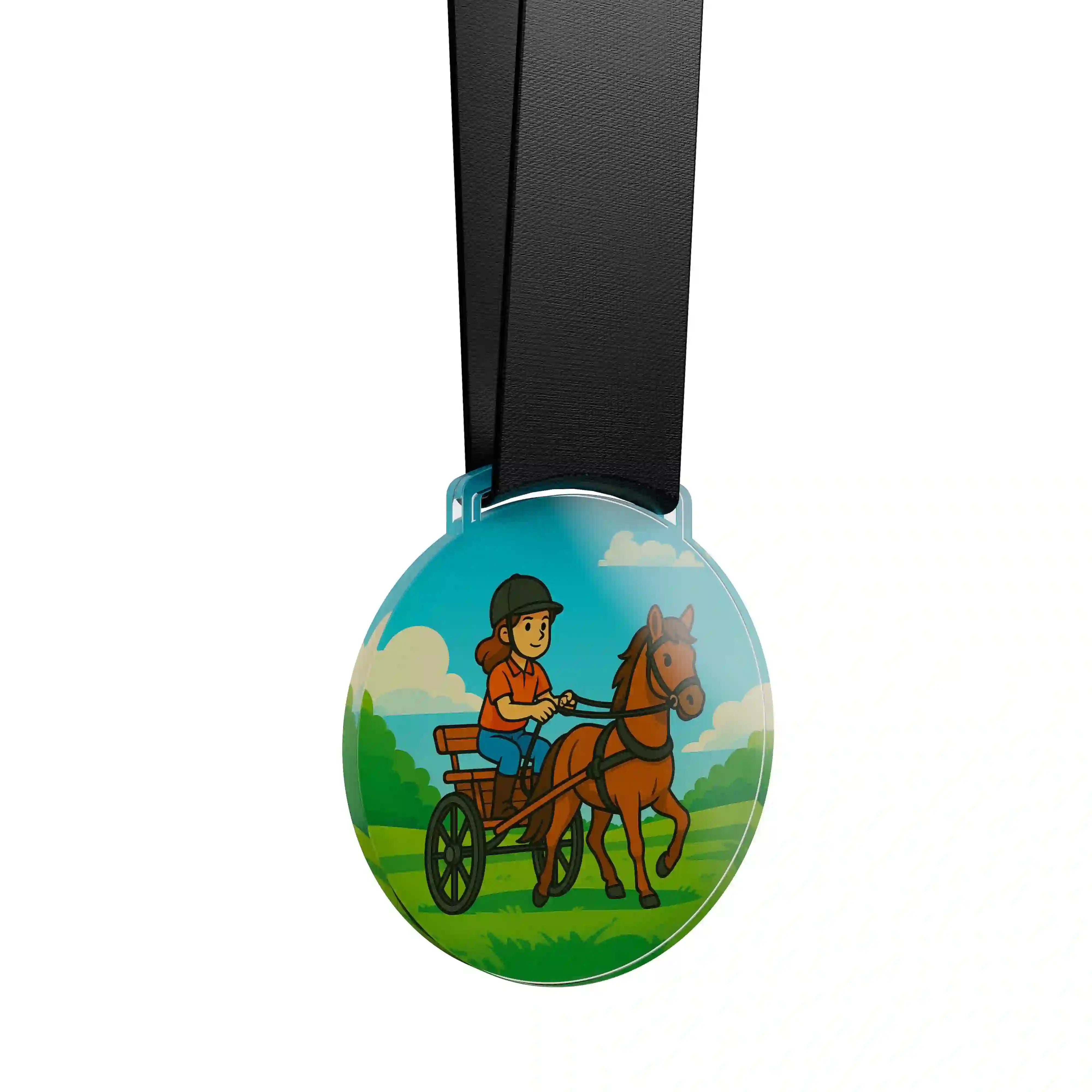 médaille acrylique d'une jeune fille faisant de l’équestre attelage