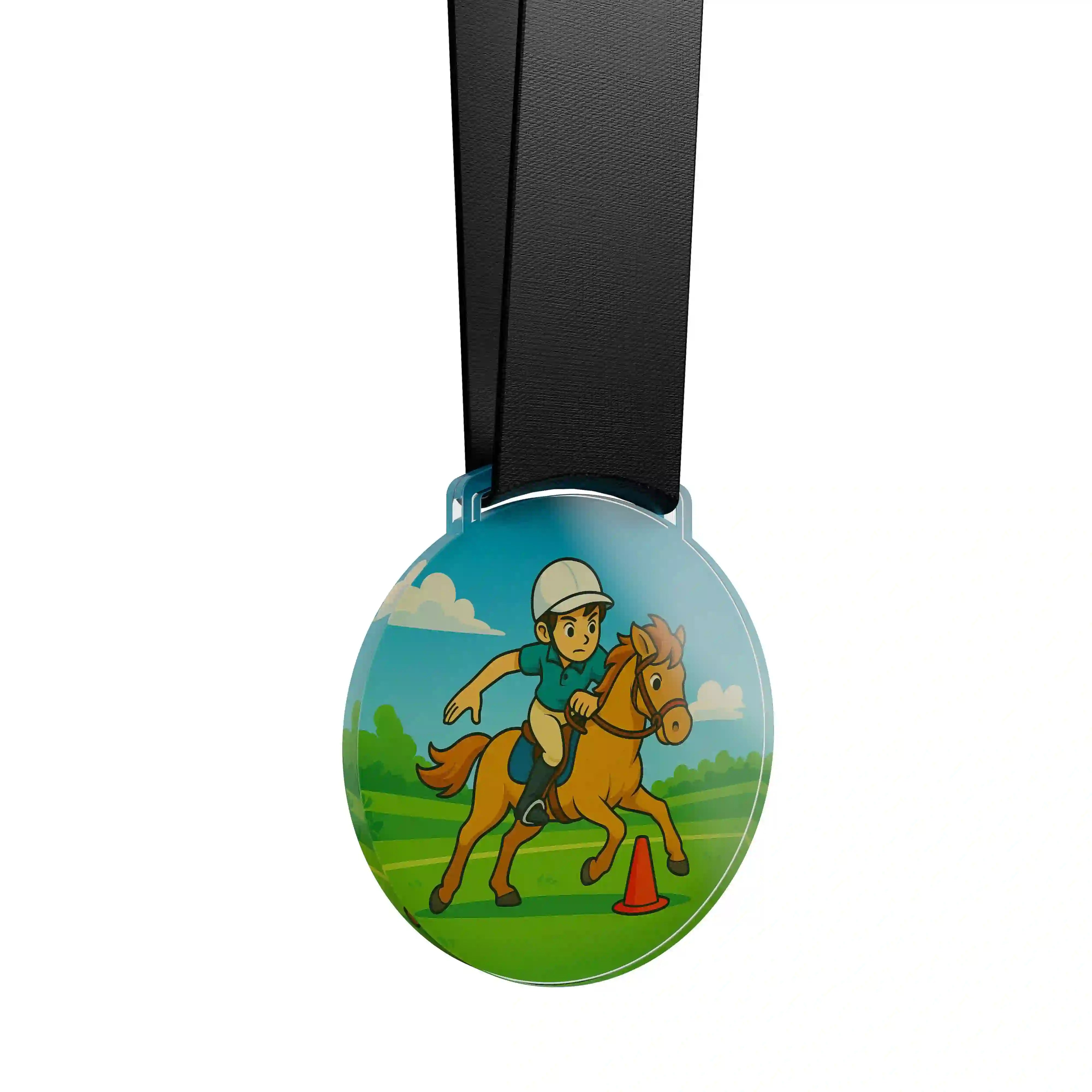 médaille acrylique d'un jeune garçon faisant de l’équestre pony game 