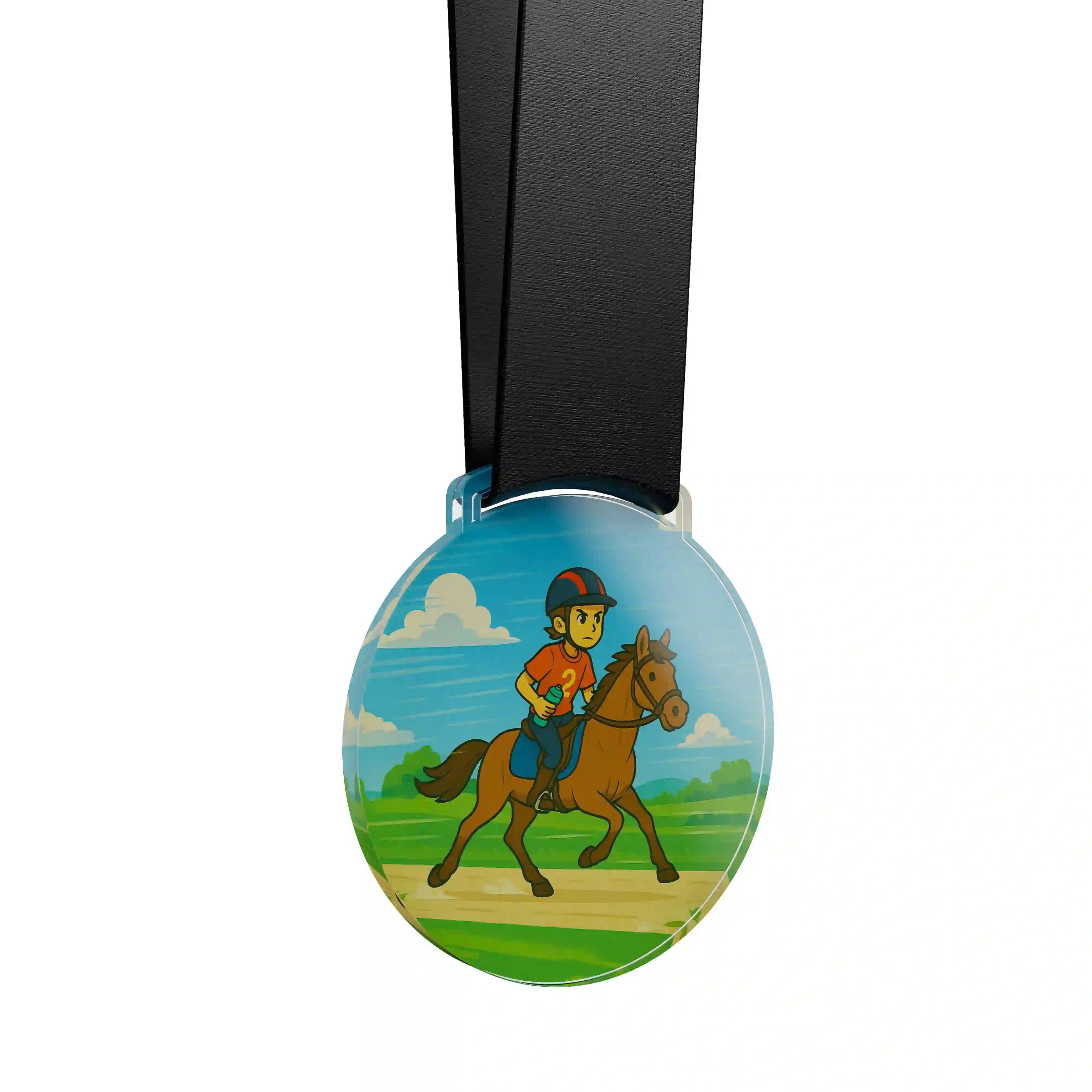 médaille acrylique d'un jeune garçon faisant de l’équestre endurance