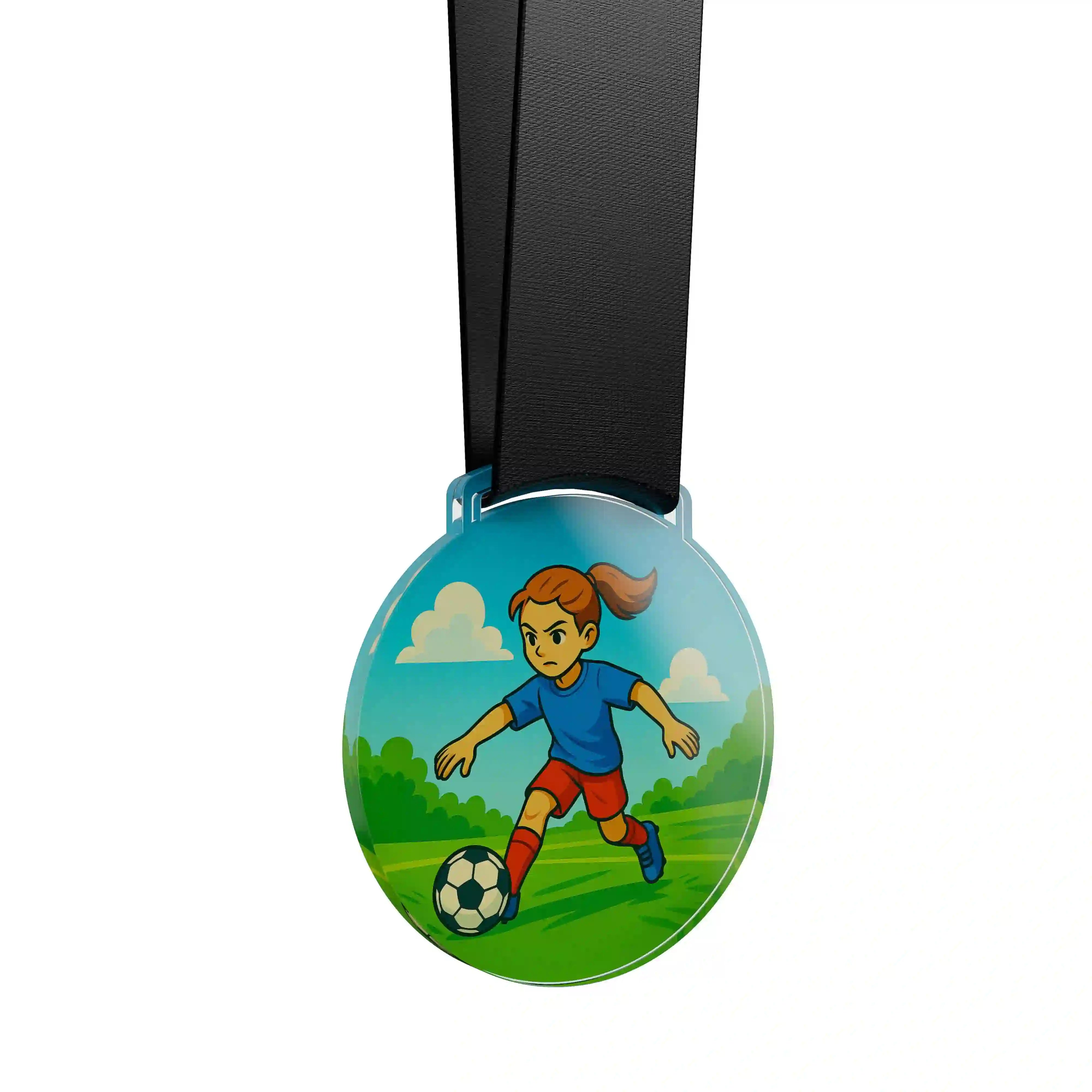 médaille acrylique d'une jeune fille faisant du football 
