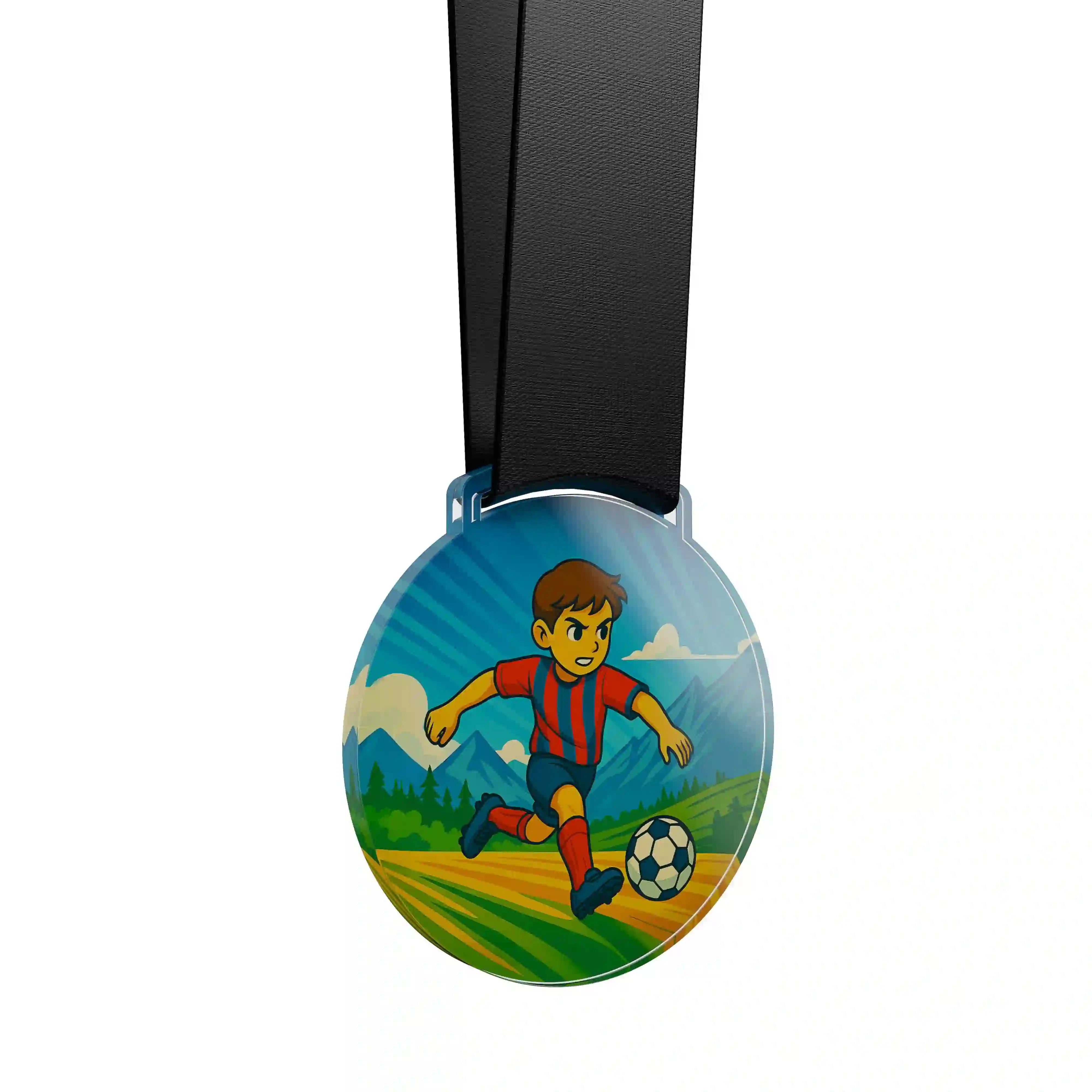 médaille acrylique d'un jeune garçon faisant du football 