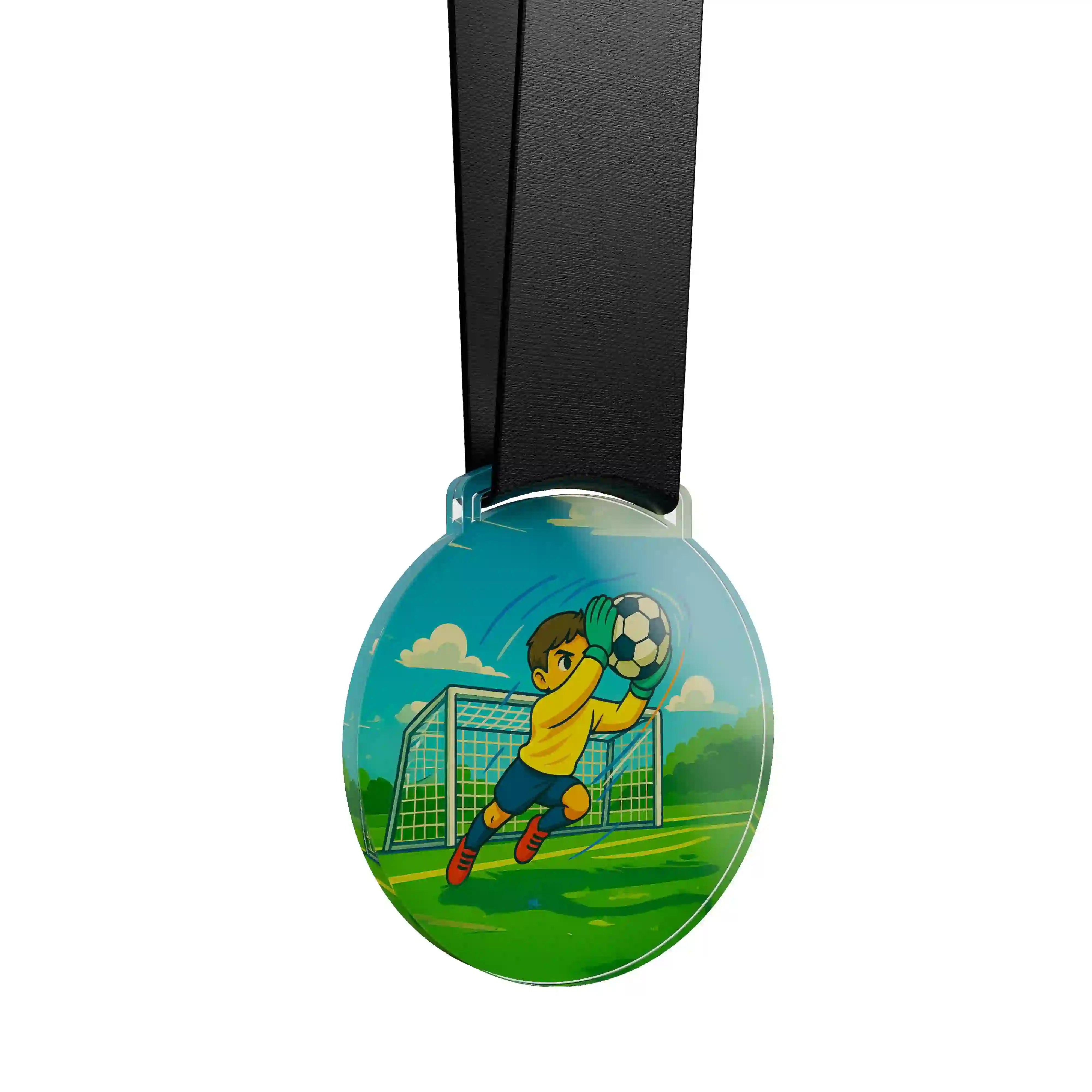 médaille acrylique d'un jeune garçon gardien de foot 