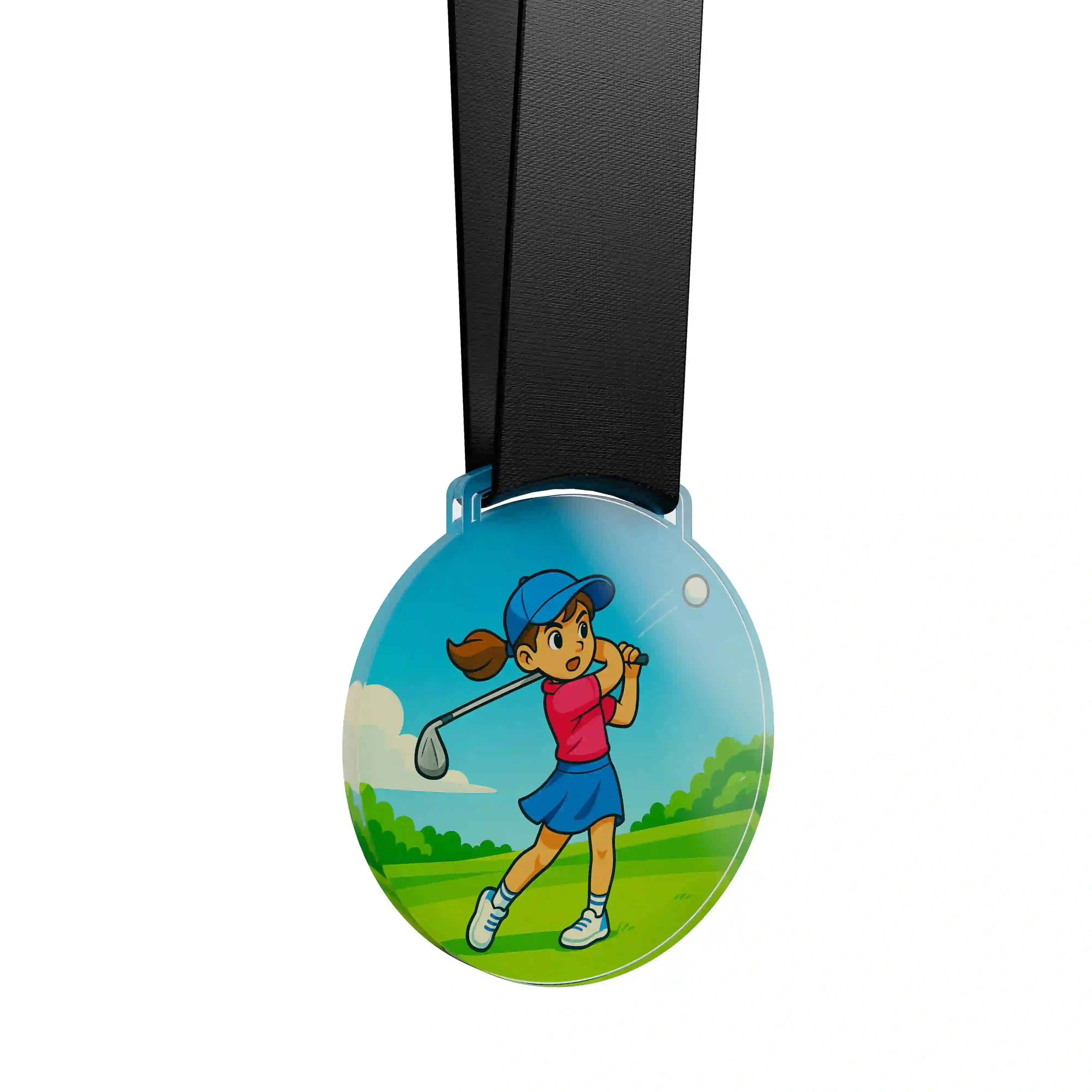médaille acrylique d'une jeune fille faisant du golf 