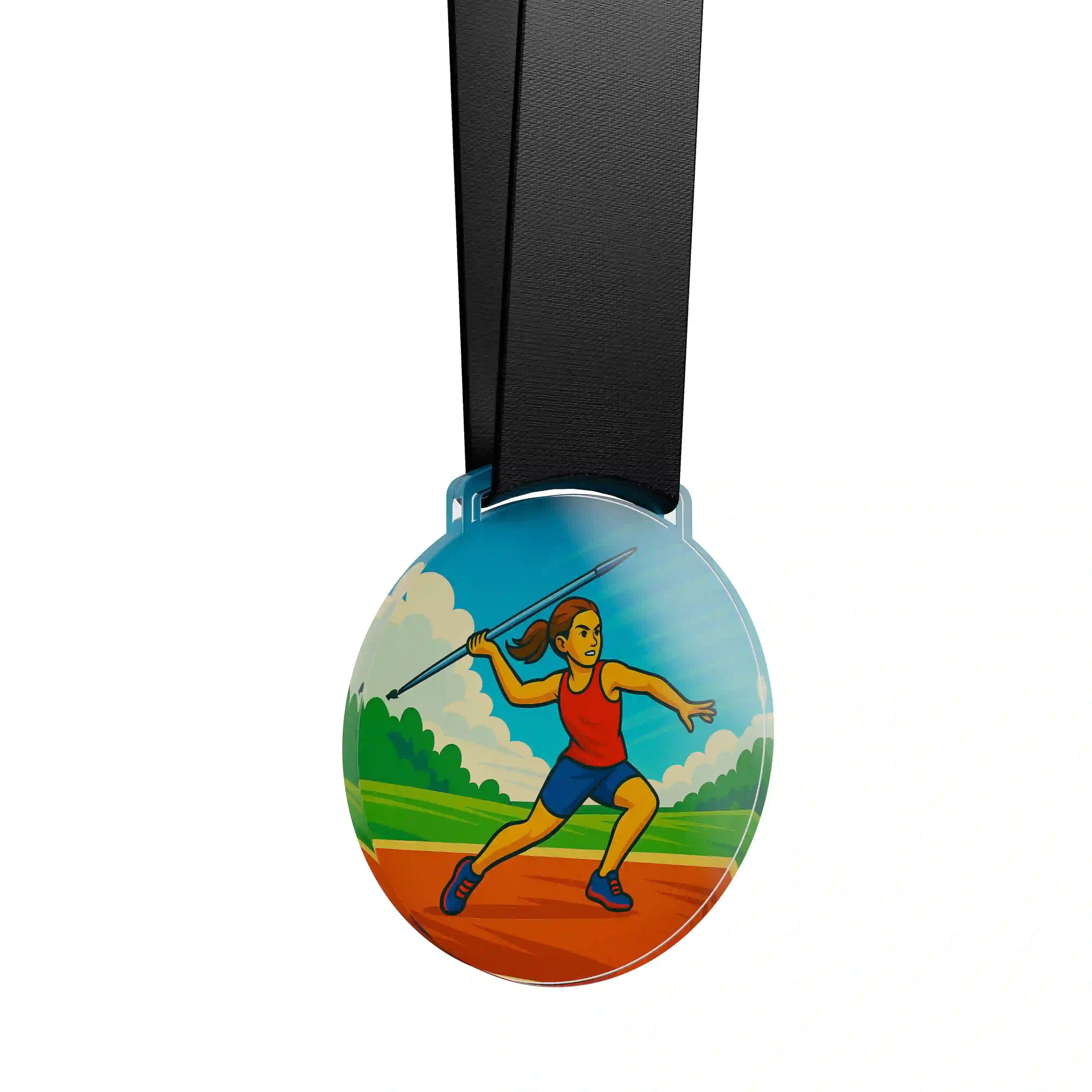 médaille acrylique d'une femme faisant du javelot