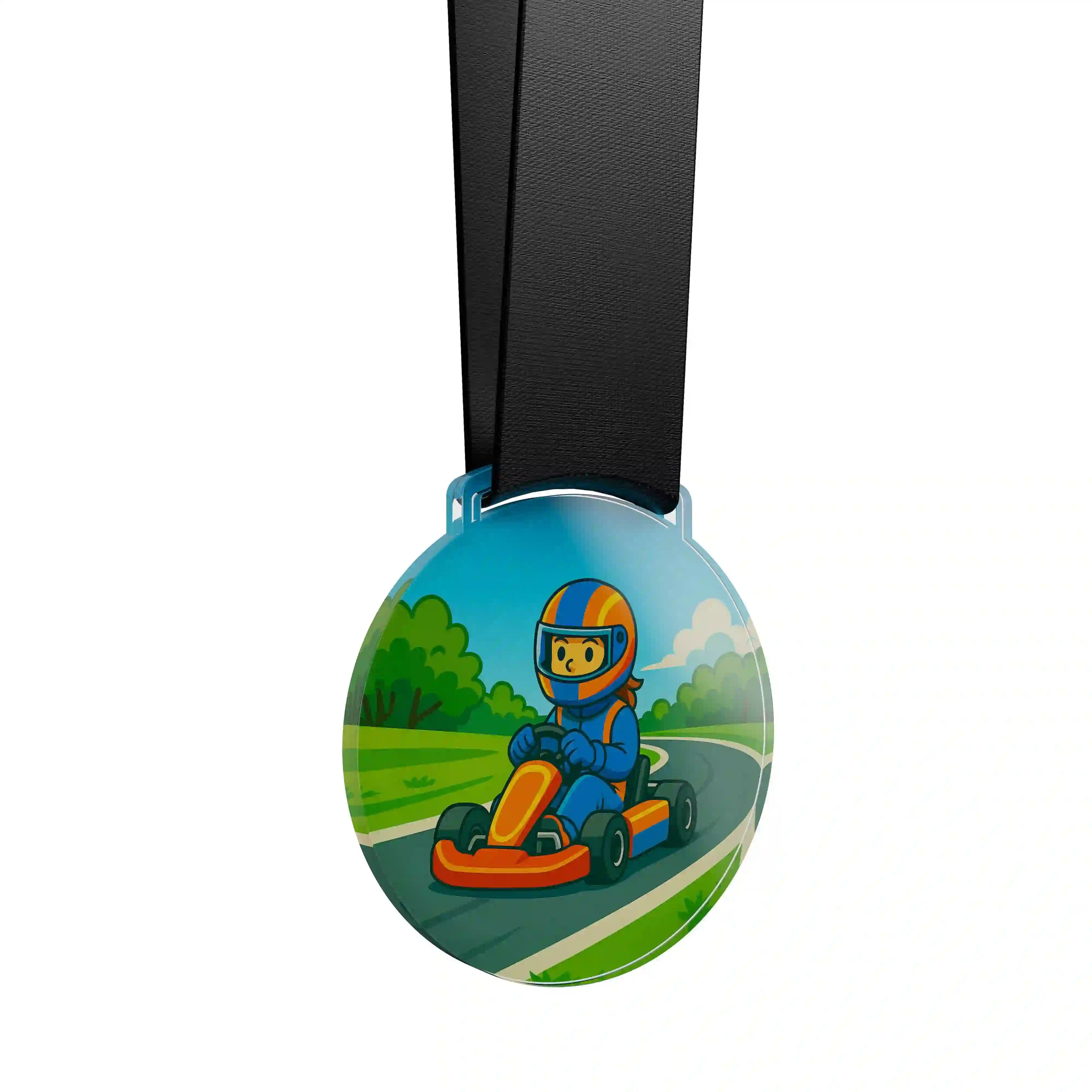 médaille acrylique d'une jeune fille faisant du karting 