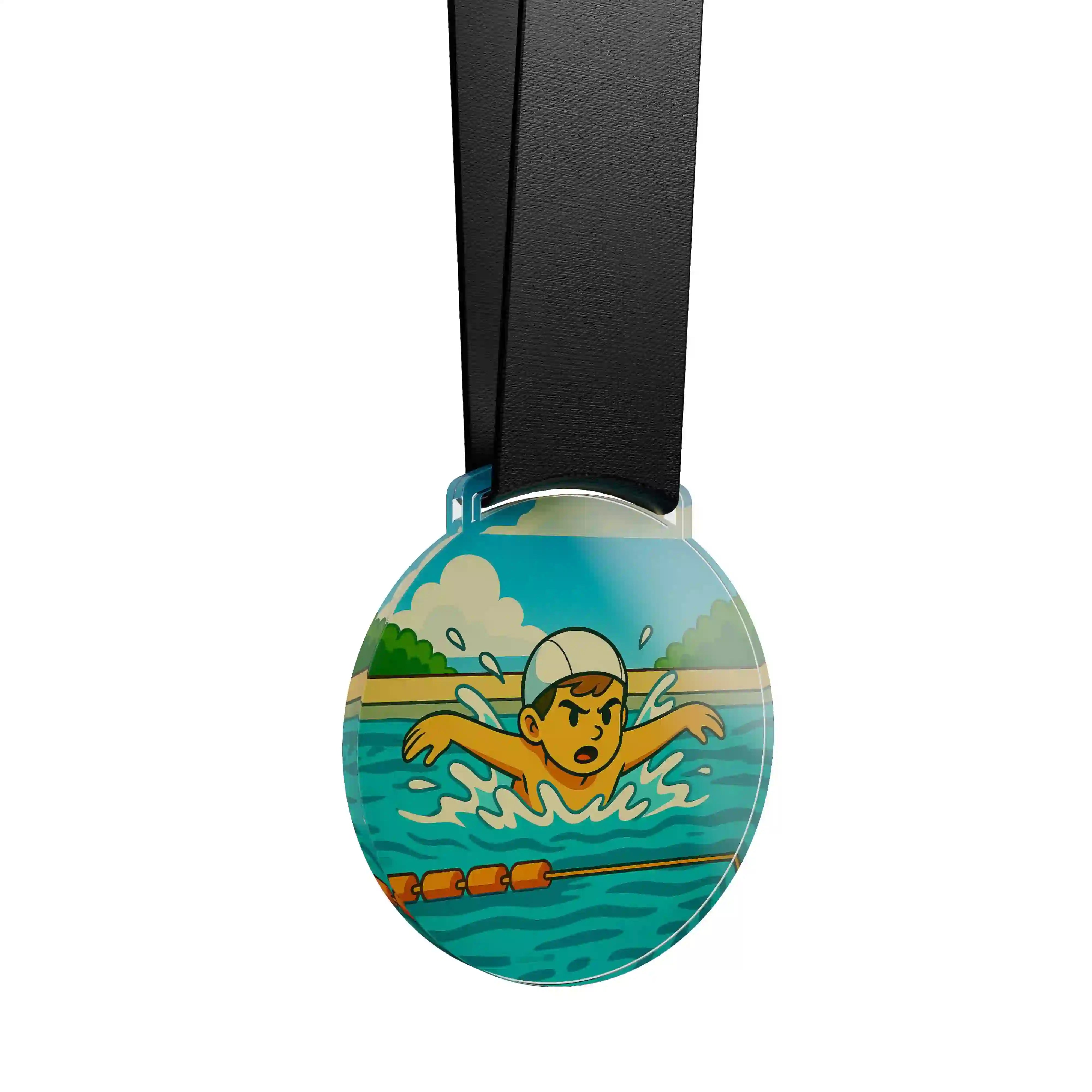 médaille acrylique d'un jeune garçon faisant de la natation 
