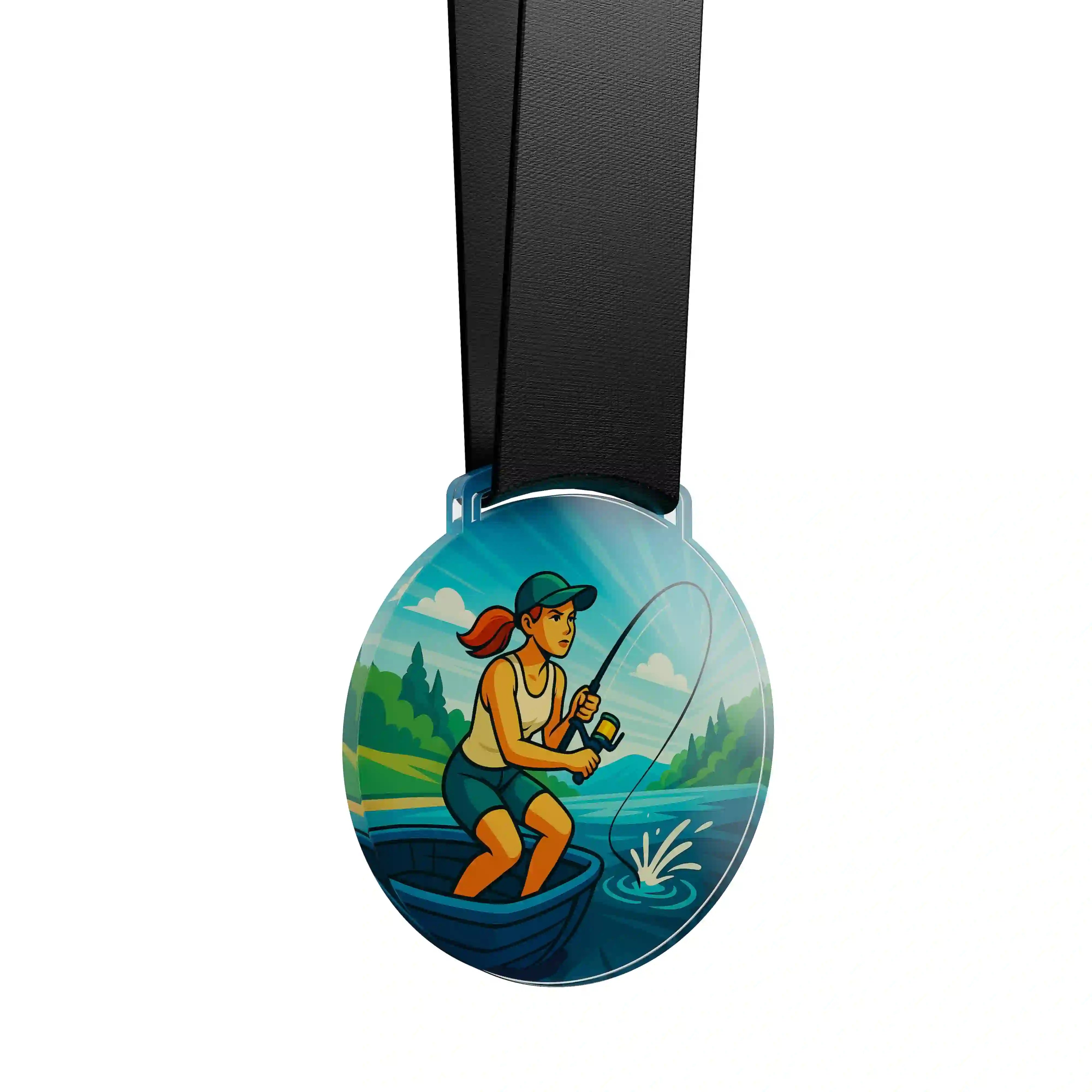 médaille acrylique d'une femme qui pêche 