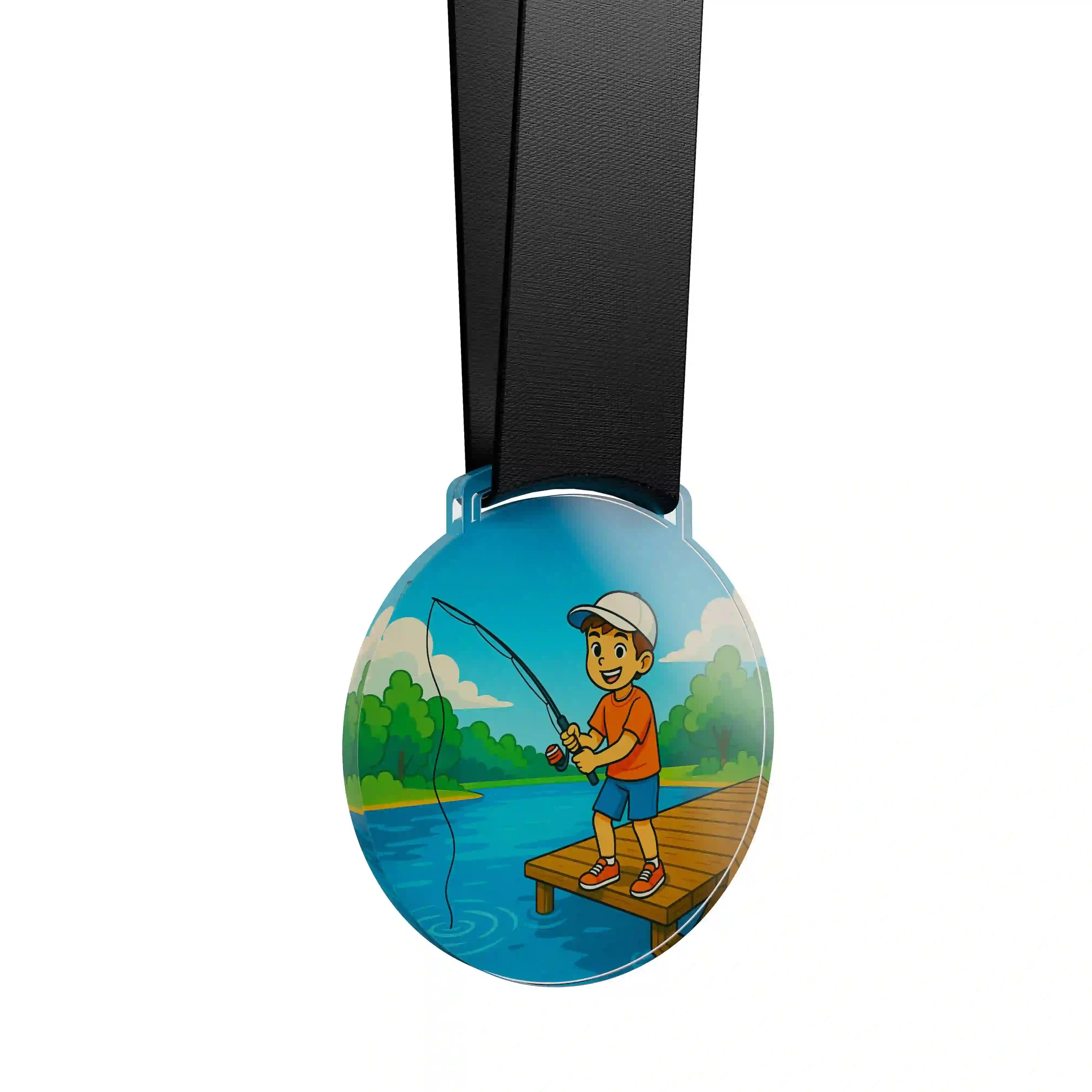 médaille acrylique d'un jeune garçon qui pêche