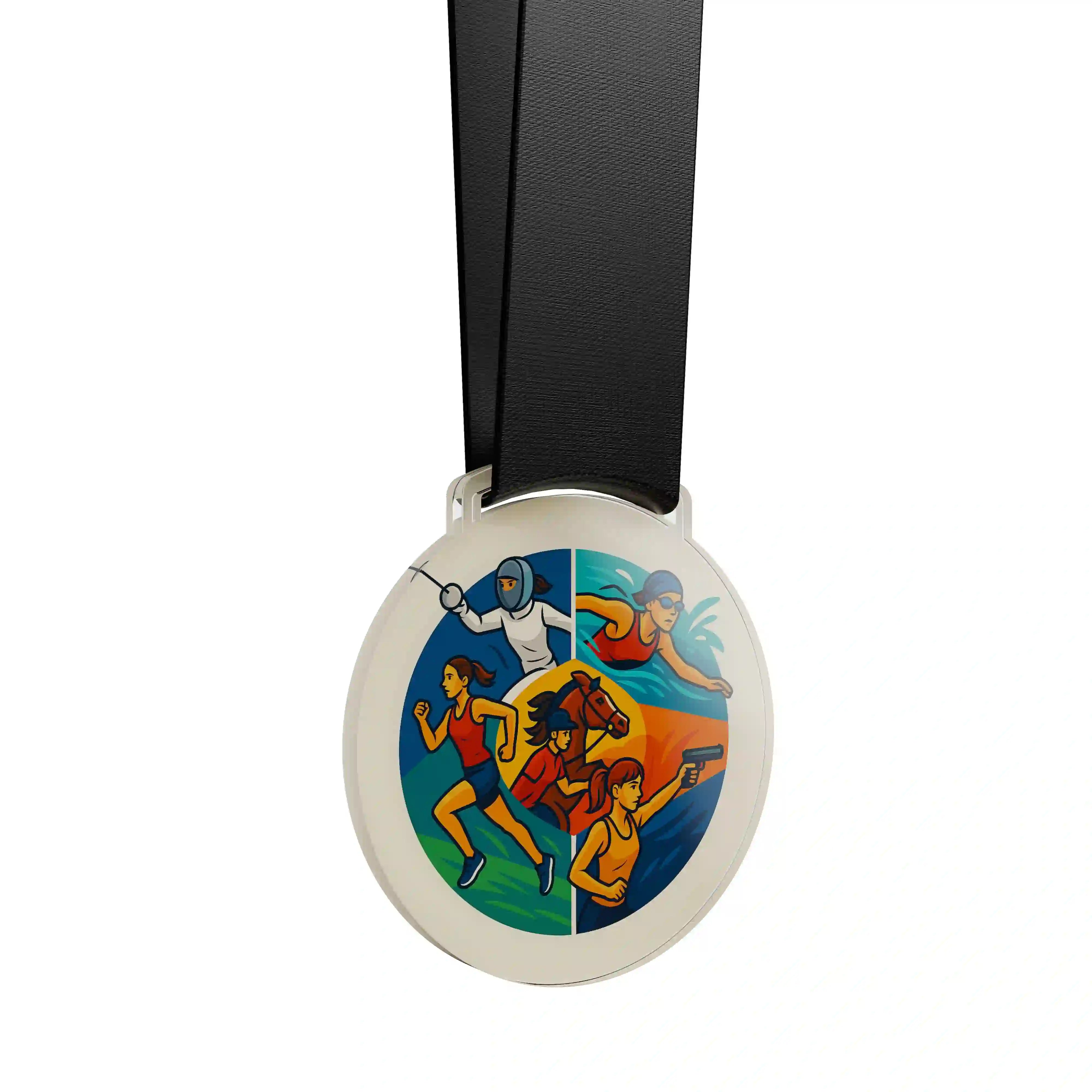 médaille acrylique d'une femme faisant du pentathlon moderne