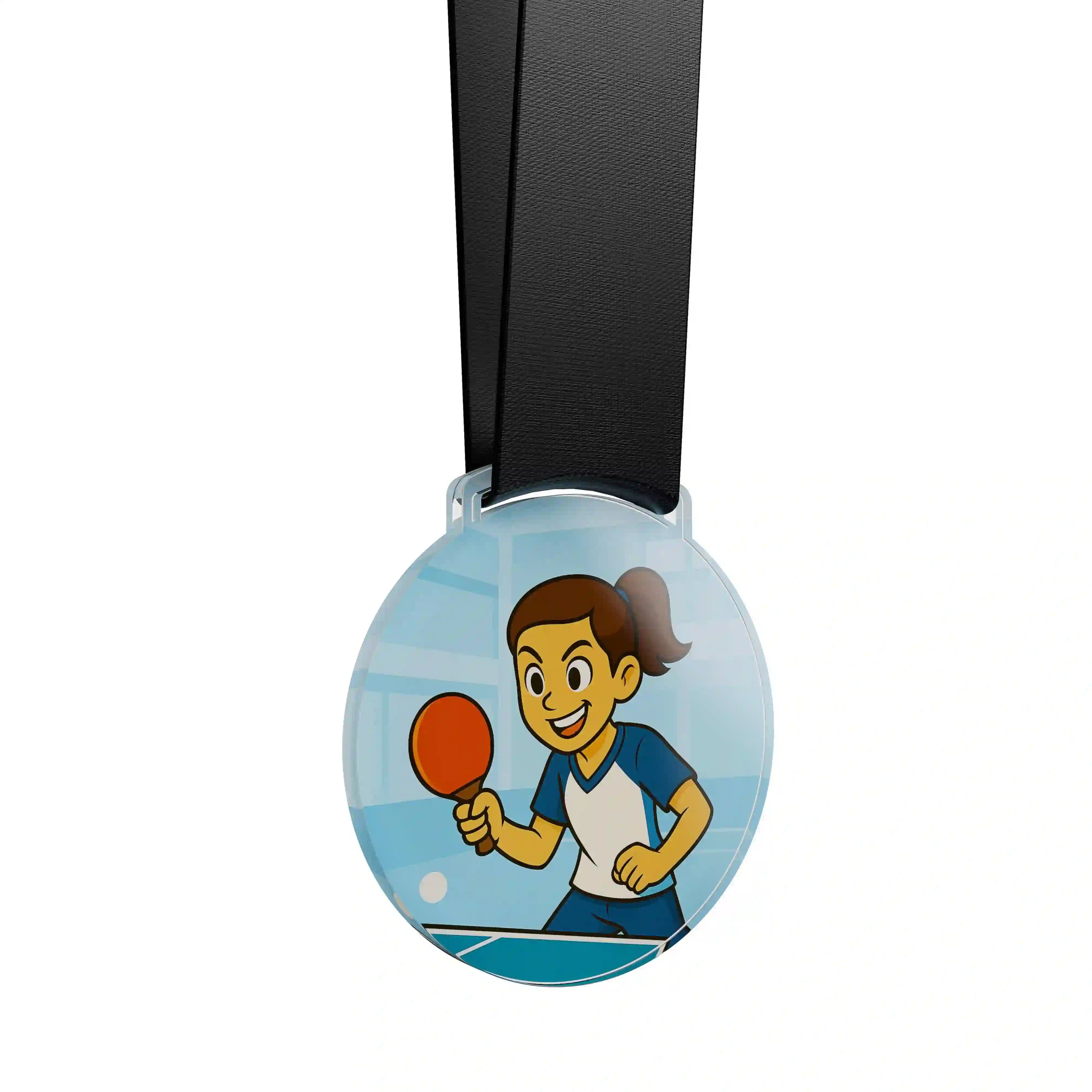 médaille acrylique d'une jeune fille faisant du ping pong 