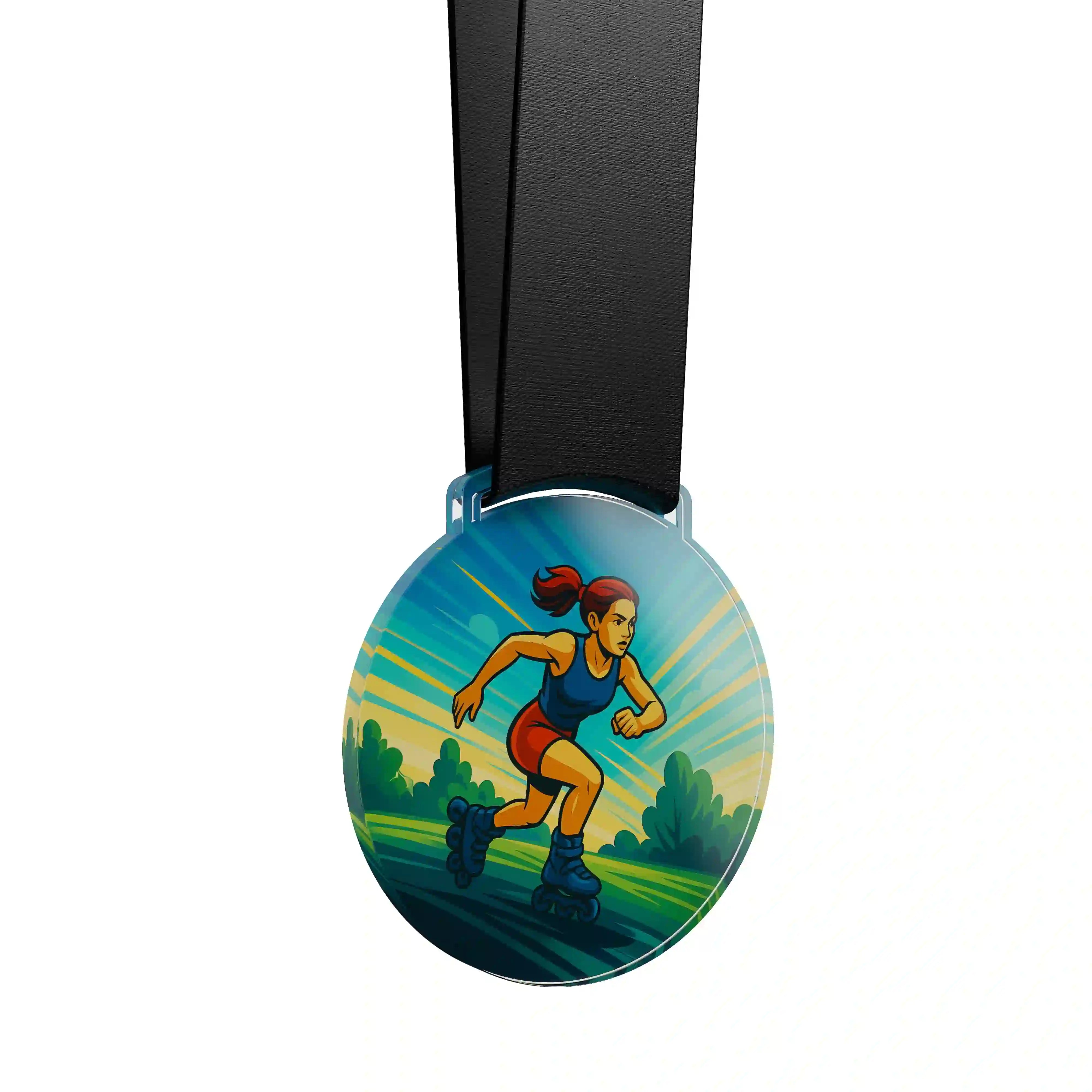 médaille acrylique d'une femme faisant du roller