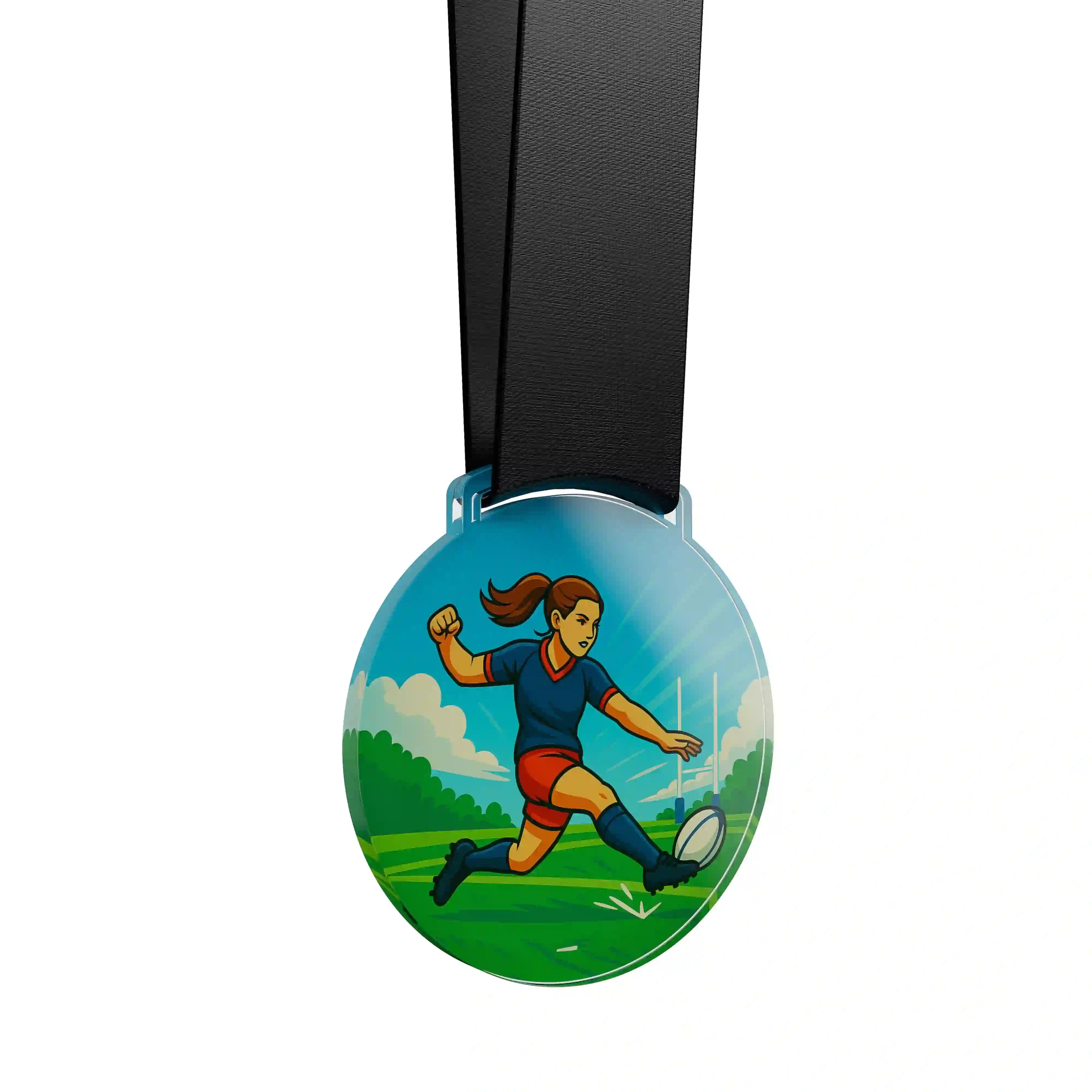 médaille acrylique d'une femme faisant du rugby 