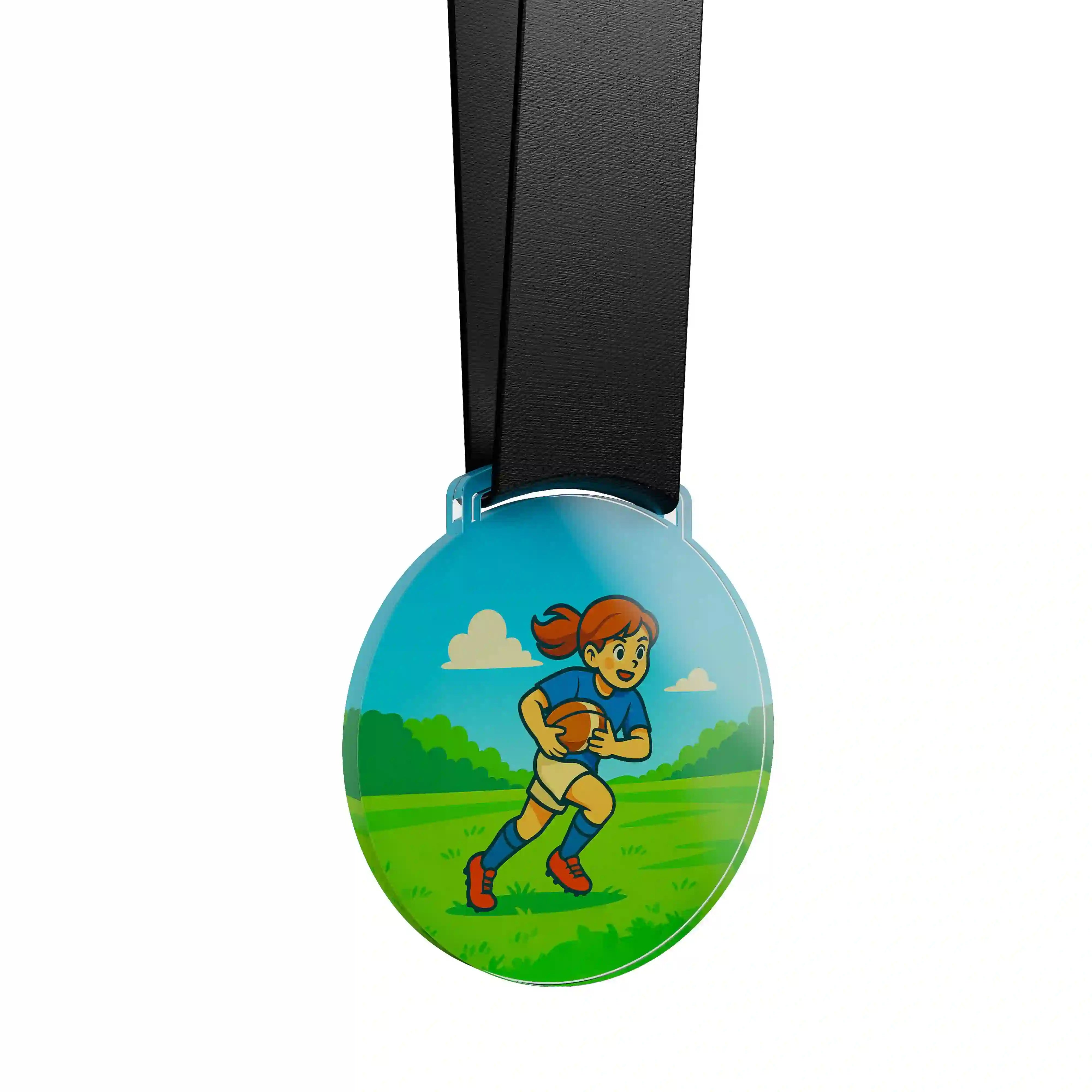 médaille acrylique d'une jeune fille faisant du rugby 