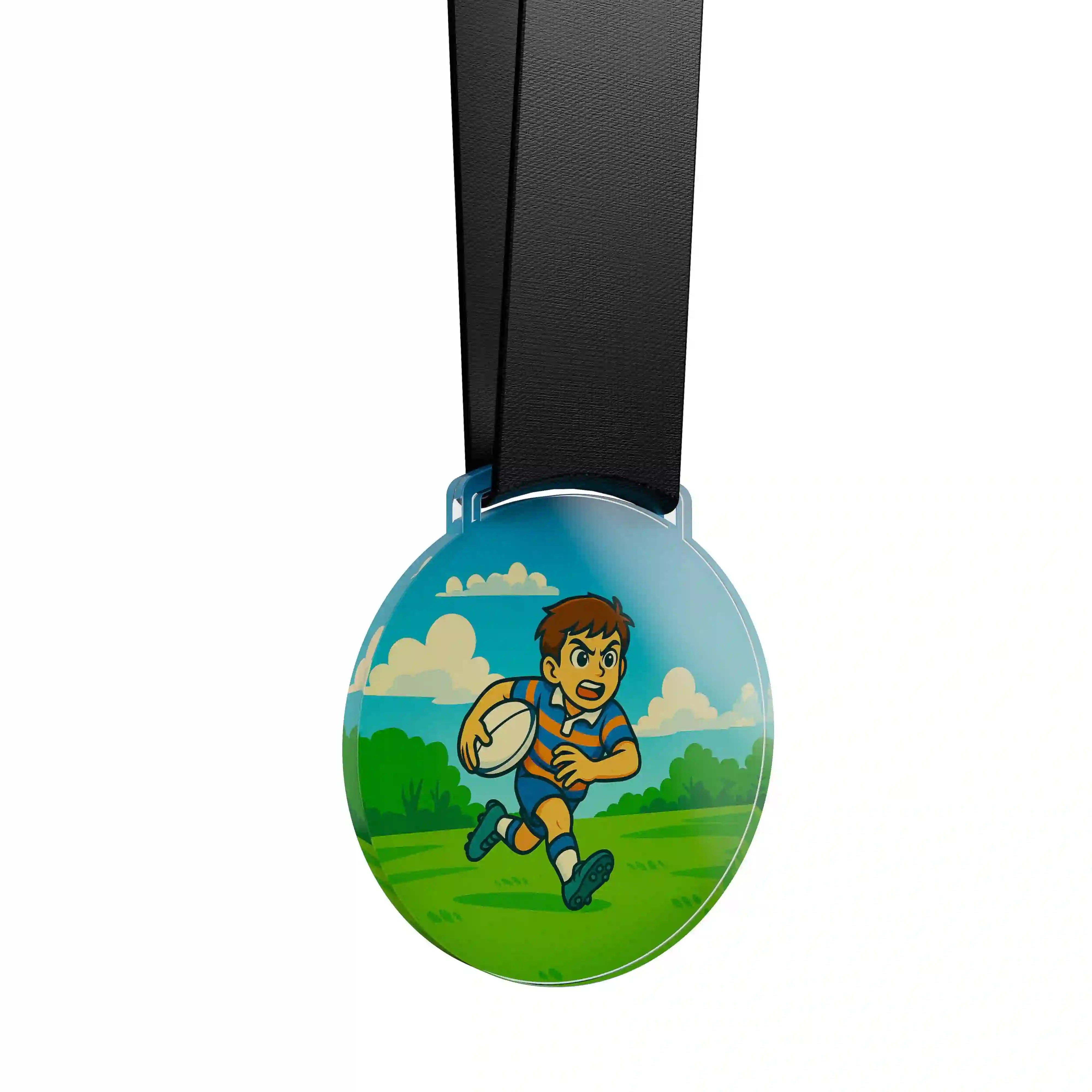 médaille acrylique d'un jeune garçon faisant du rugby 