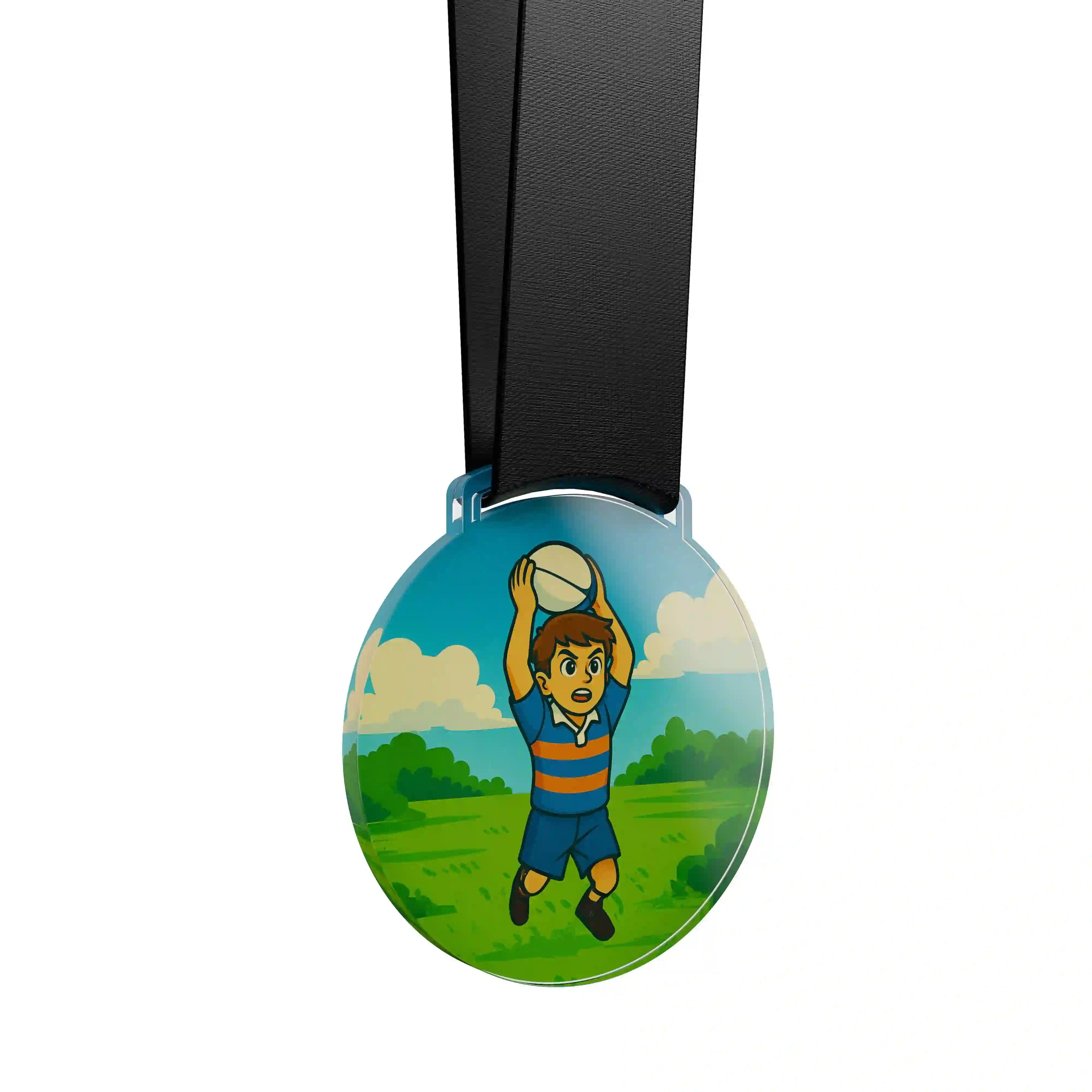 médaille acrylique d'un jeune garçon faisant du rugby 
