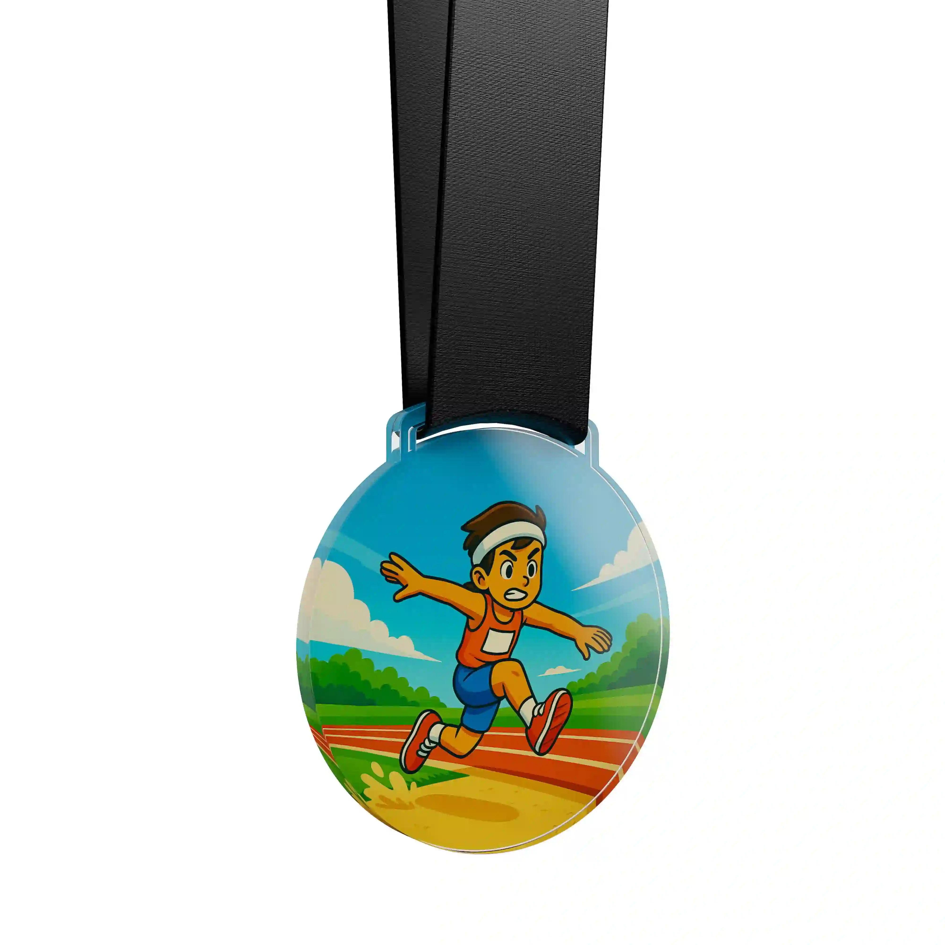 médaille acrylique d'un jeune garçon faisant du saut en longueur 