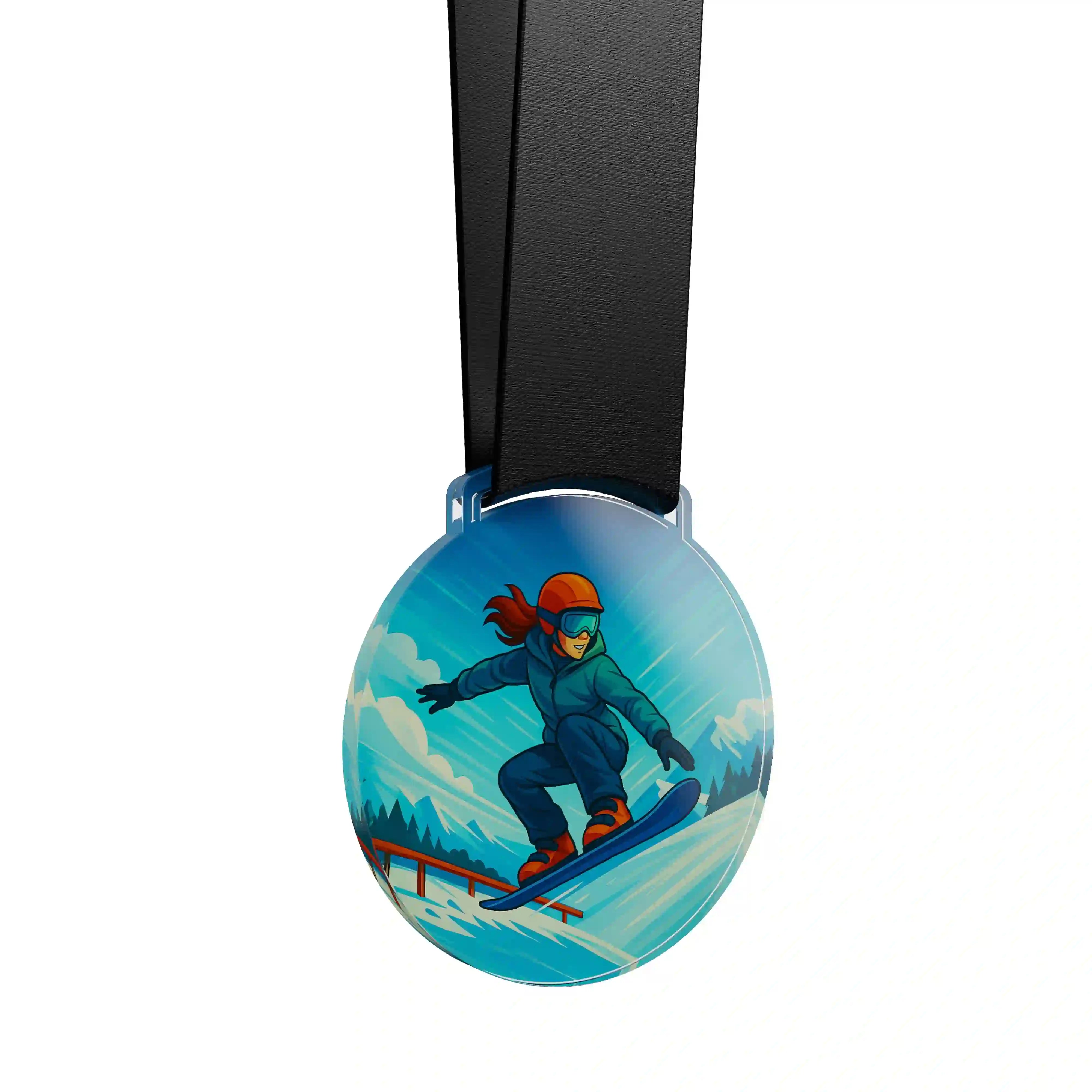 médaille acrylique d'un femme faisant du snowboard