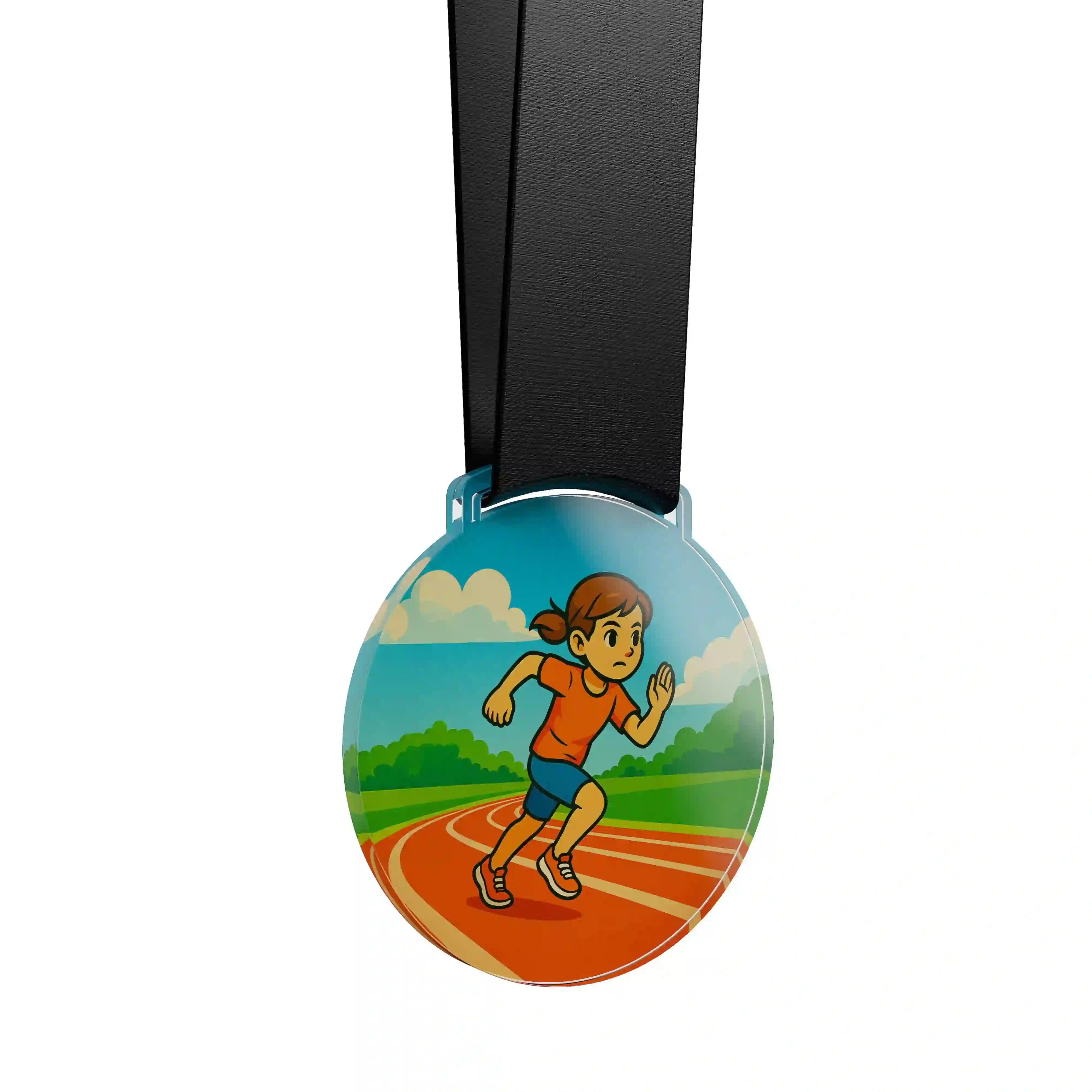 médaille acrylique d'une jeune fille sprintant 