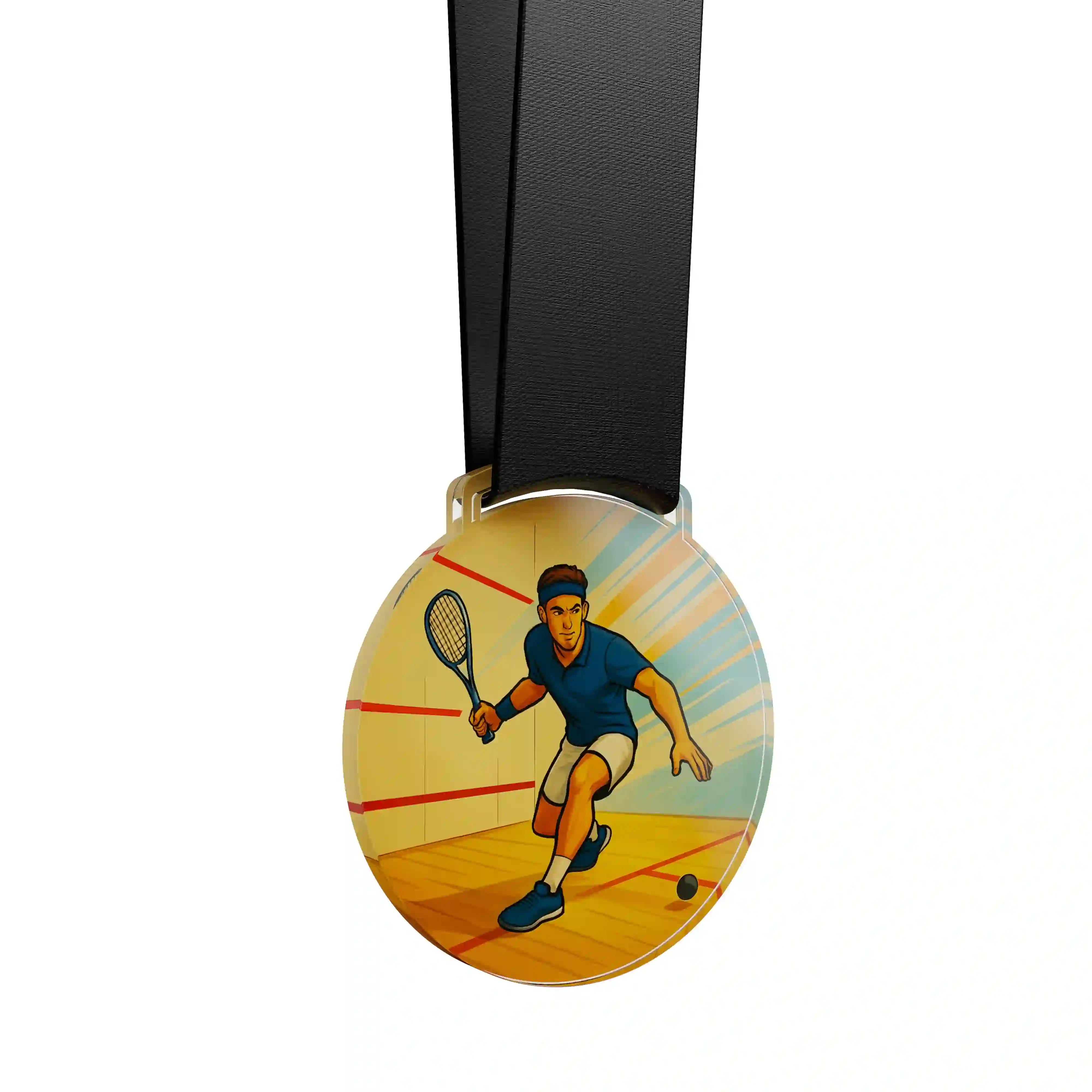 médaille acrylique d'un homme faisant du squash