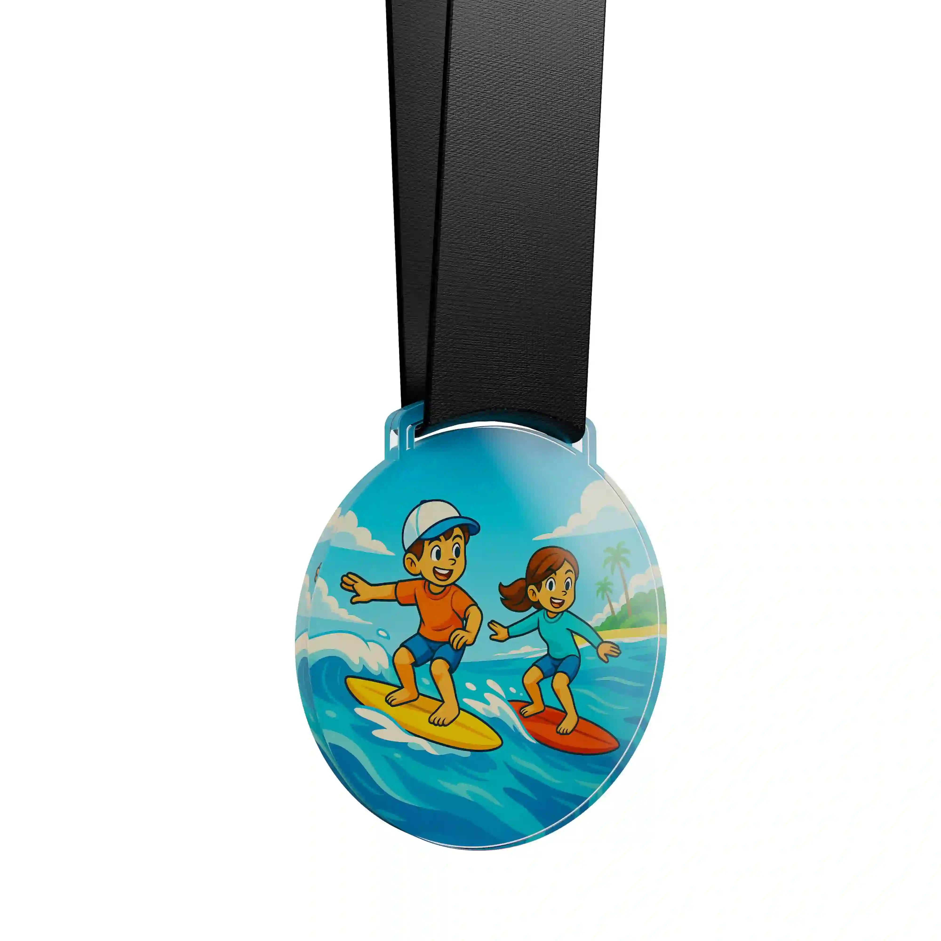 médaille acrylique d'enfants faisant du surf 