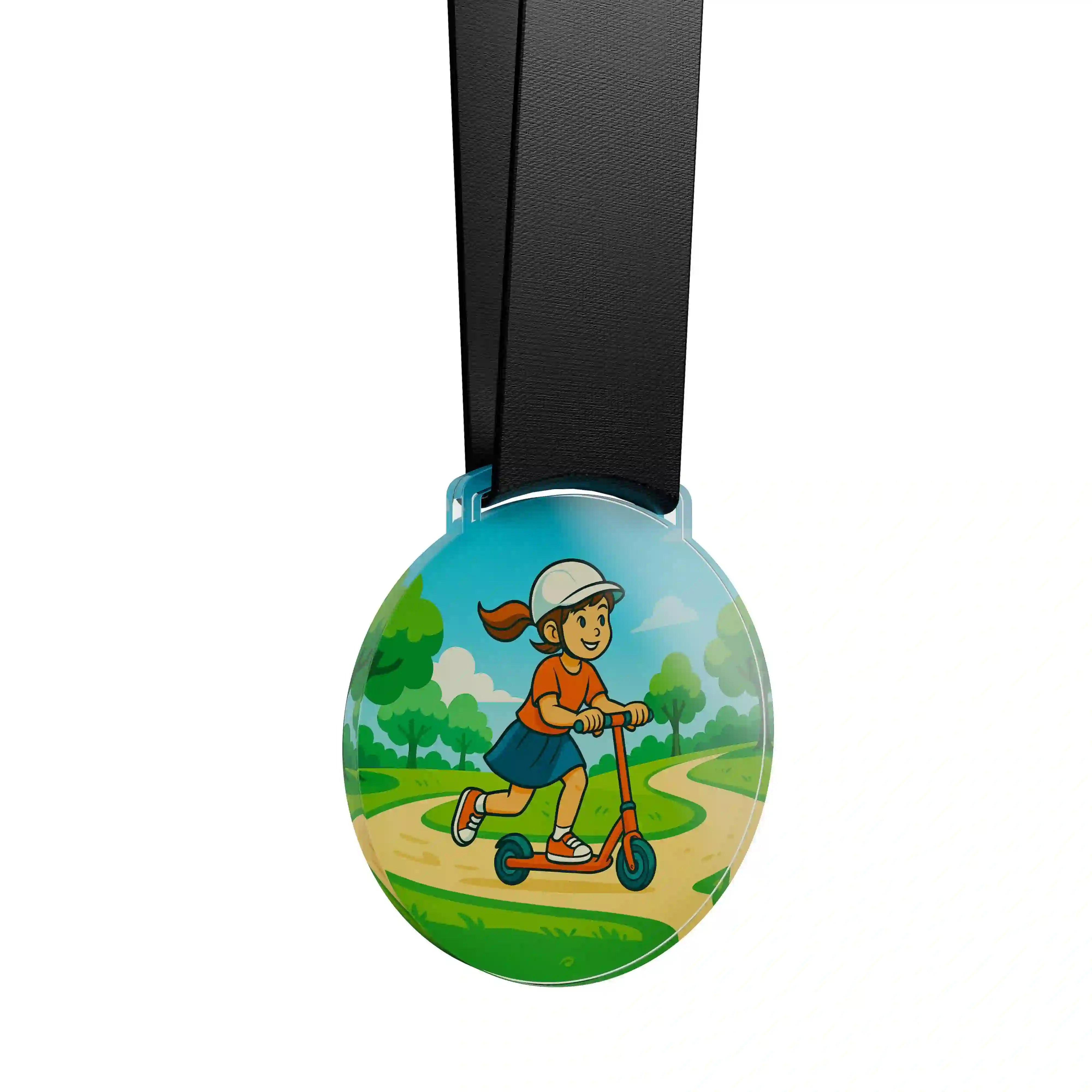 médaille acrylique d'une jeune fille faisant de la trottinette 