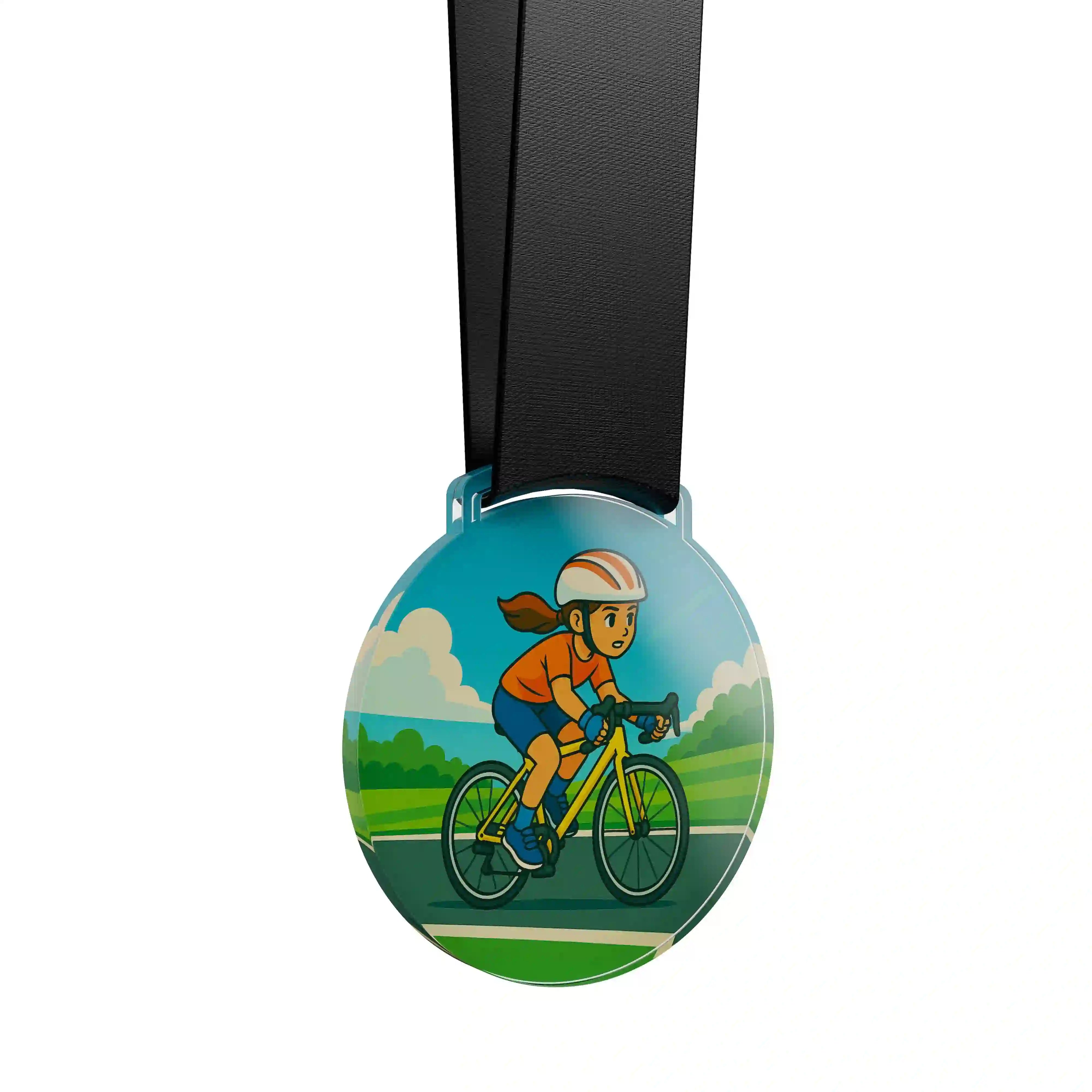 médaille acrylique d'une jeune fille faisant du vélo de route