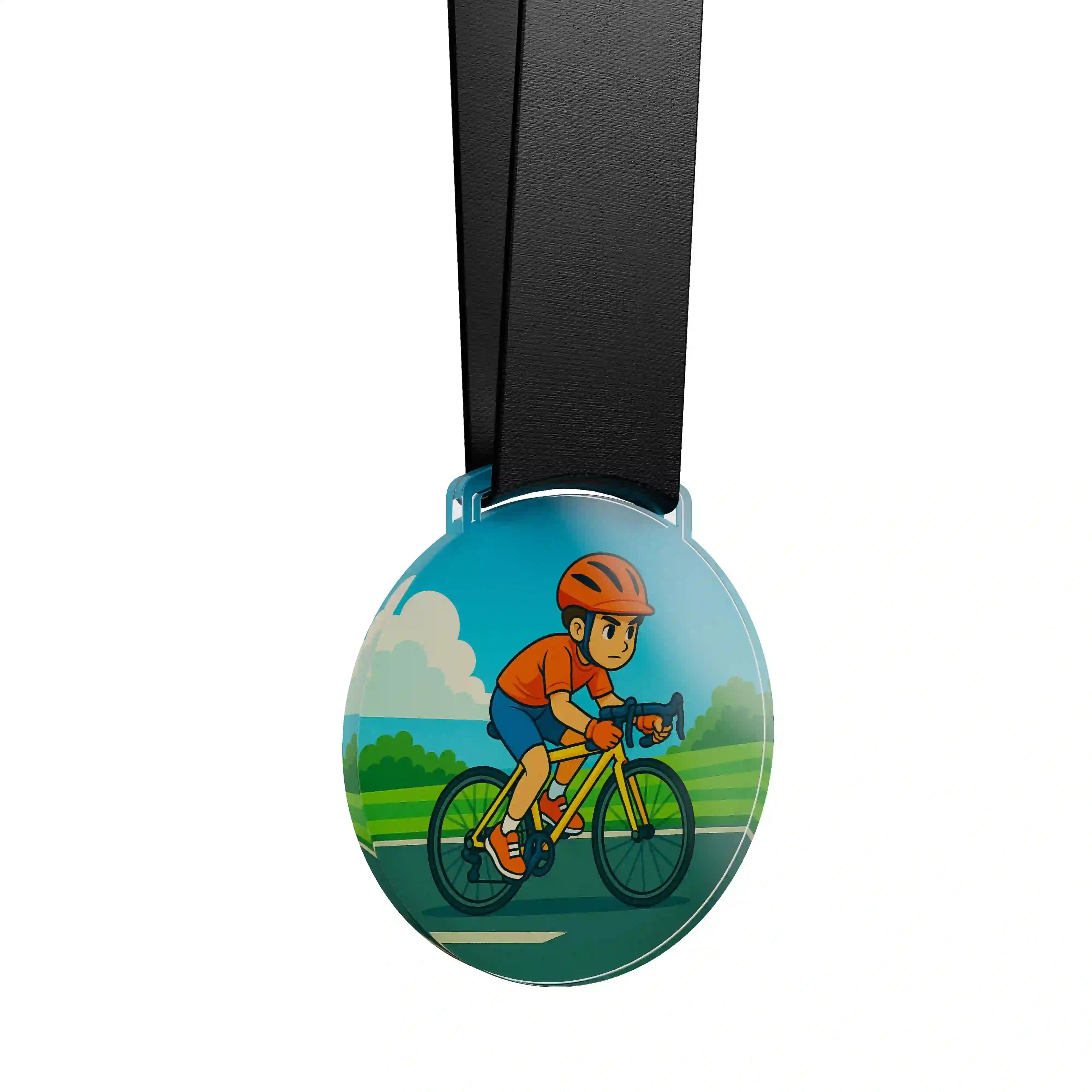 médaille acrylique d'un jeune garçon faisant du vélo de route 