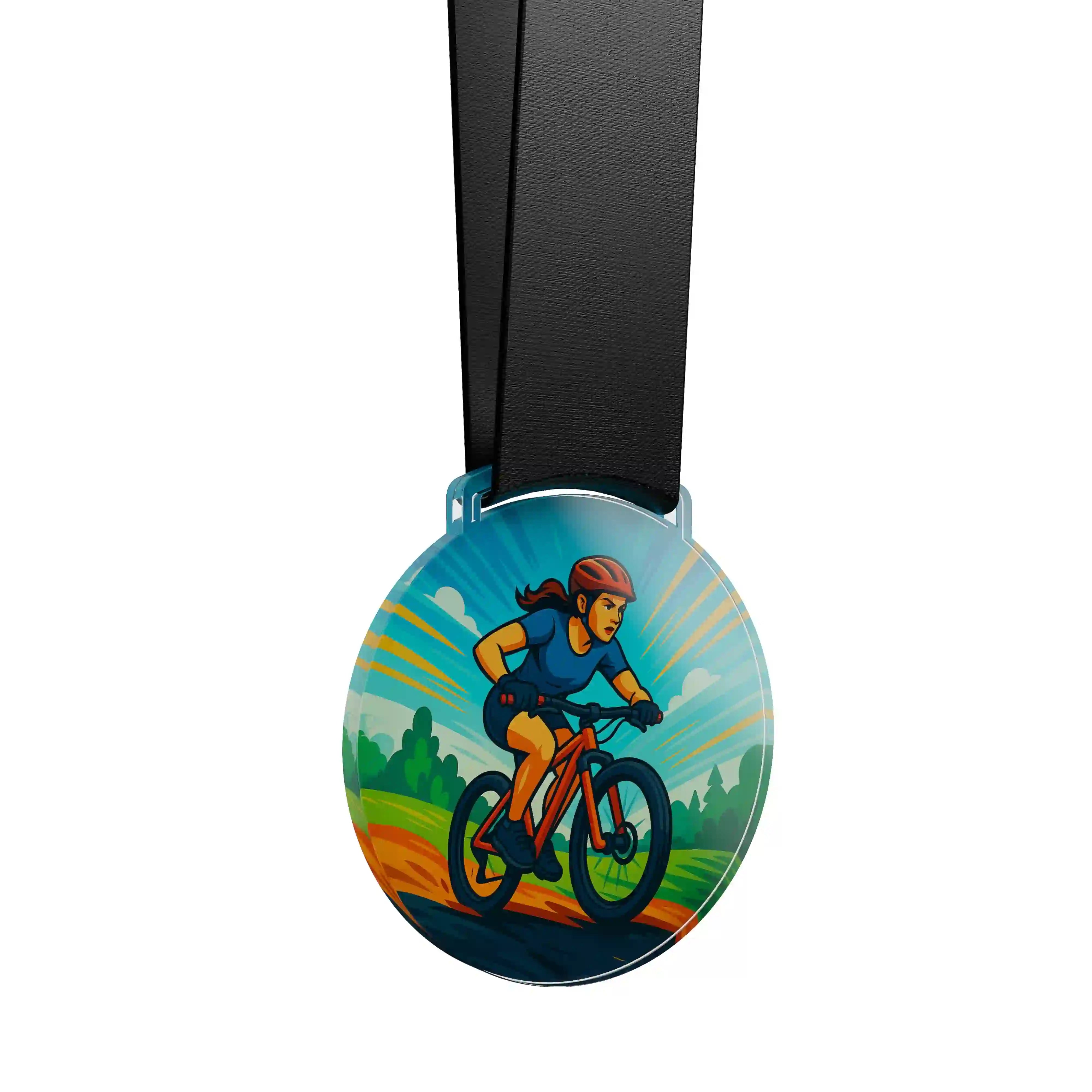 médaille acrylique d'une femme faisant du VTT