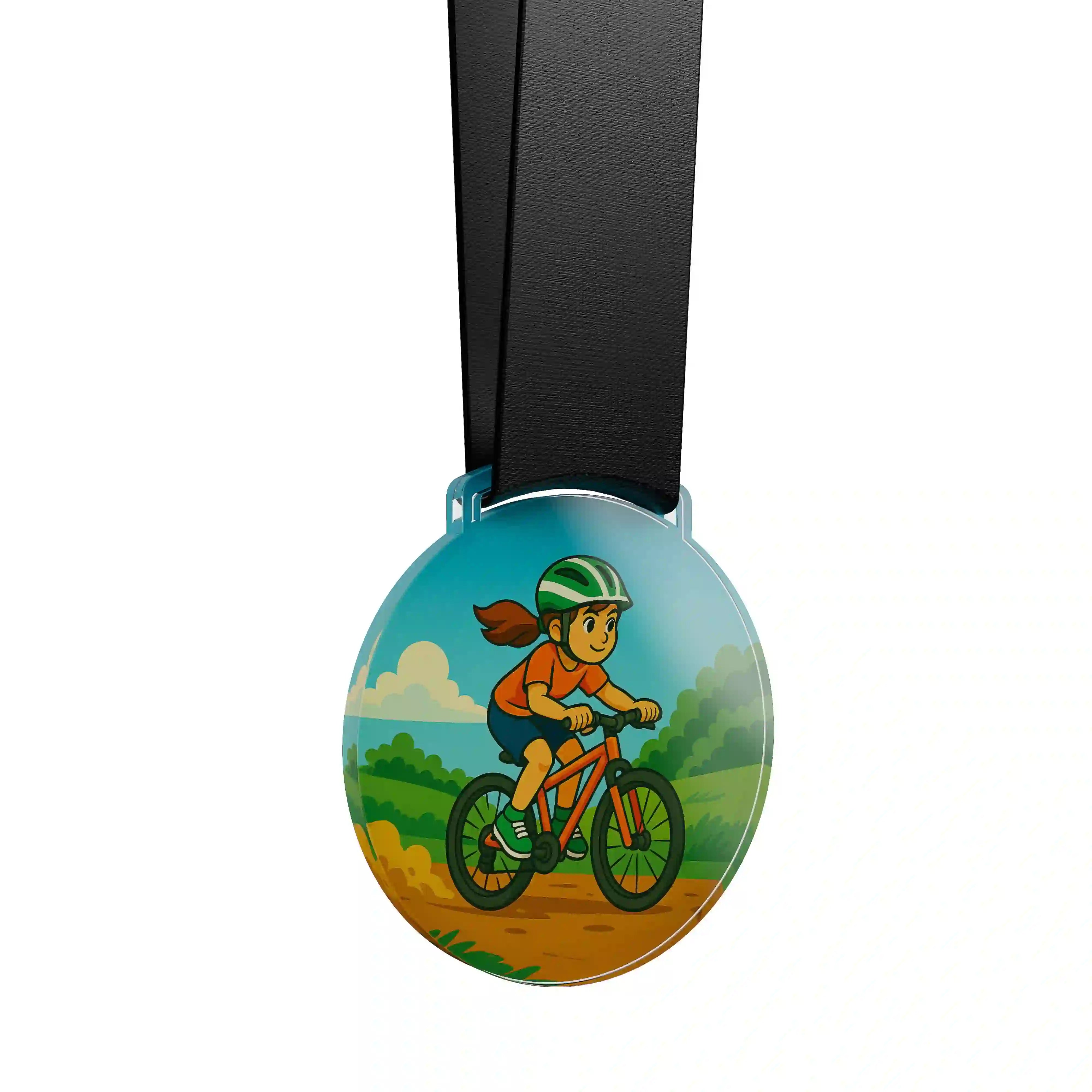 médaille acrylique d'une jeune fille faisant du VTT