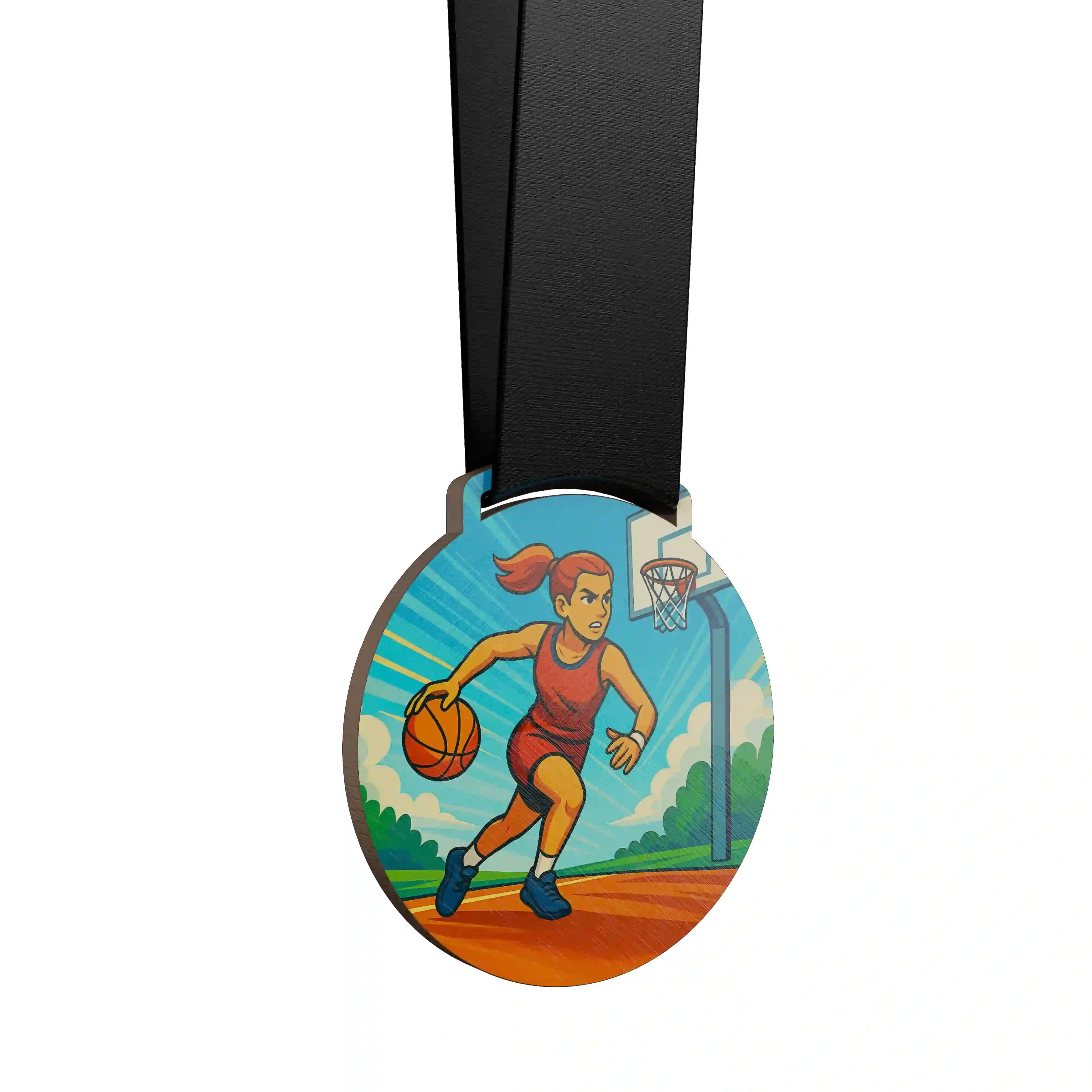 médaille en bois d'une basketteuse qui dribble