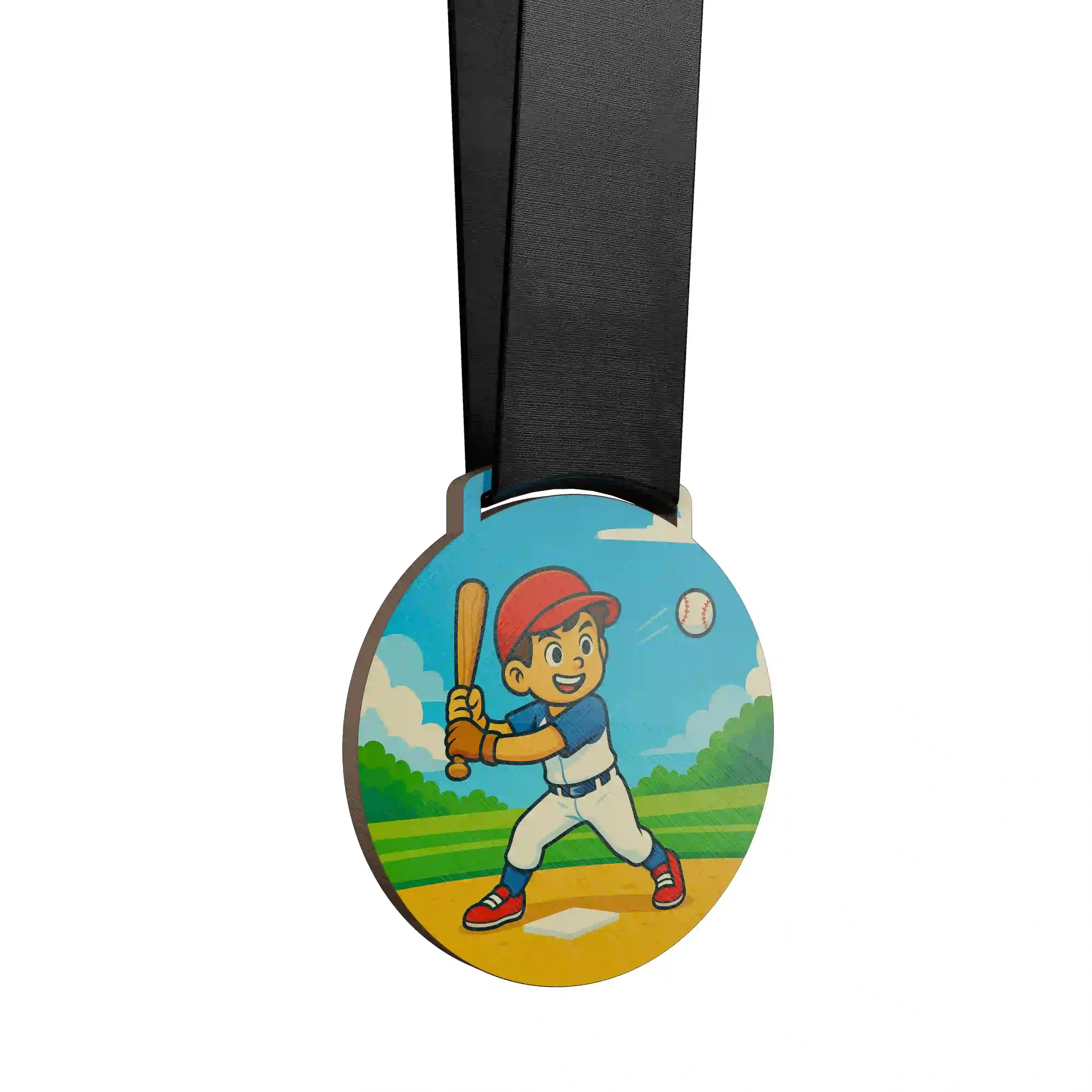 médaille en bois d'un garçon jouant au baseball