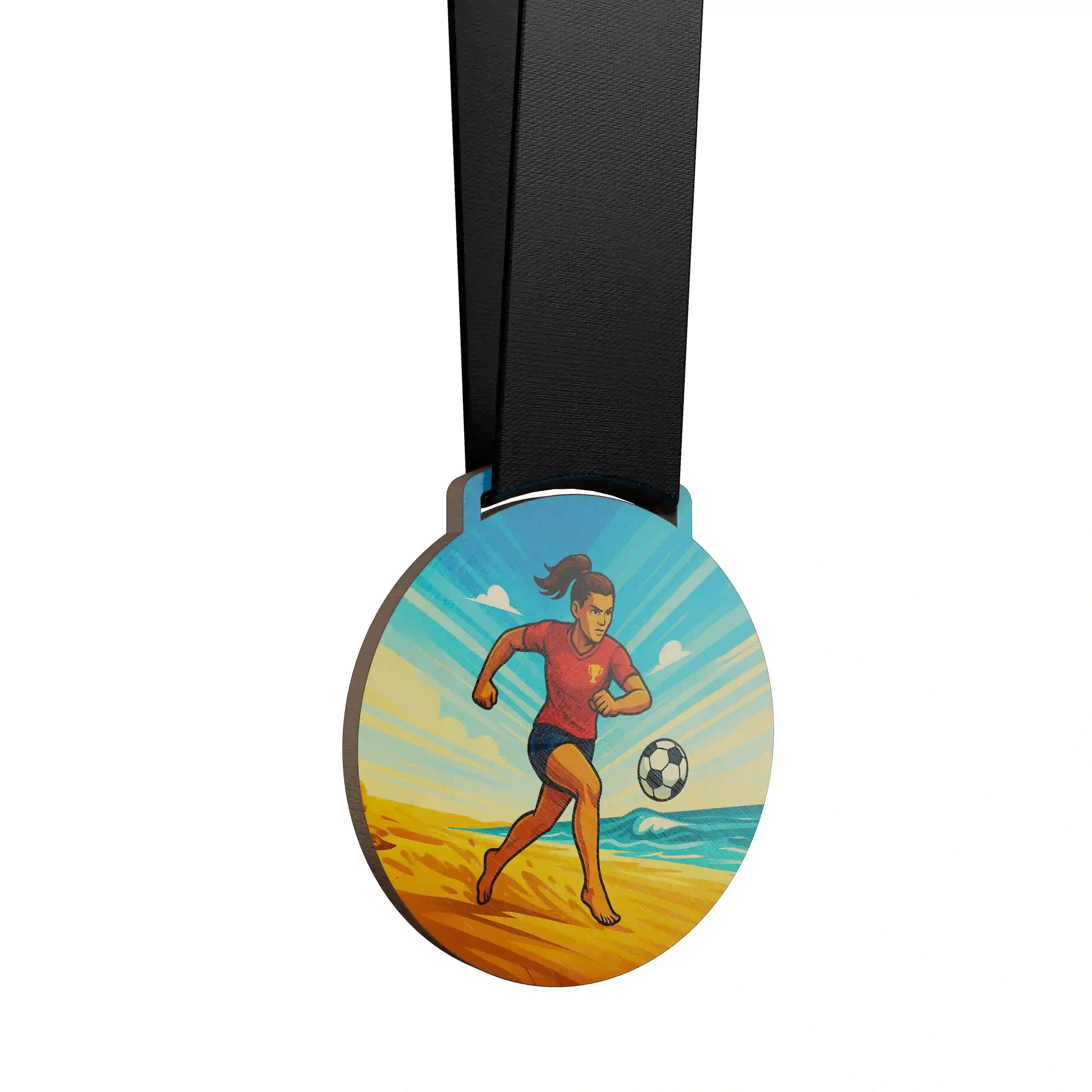 médaille en bois d'une femme jouant au beach soccer