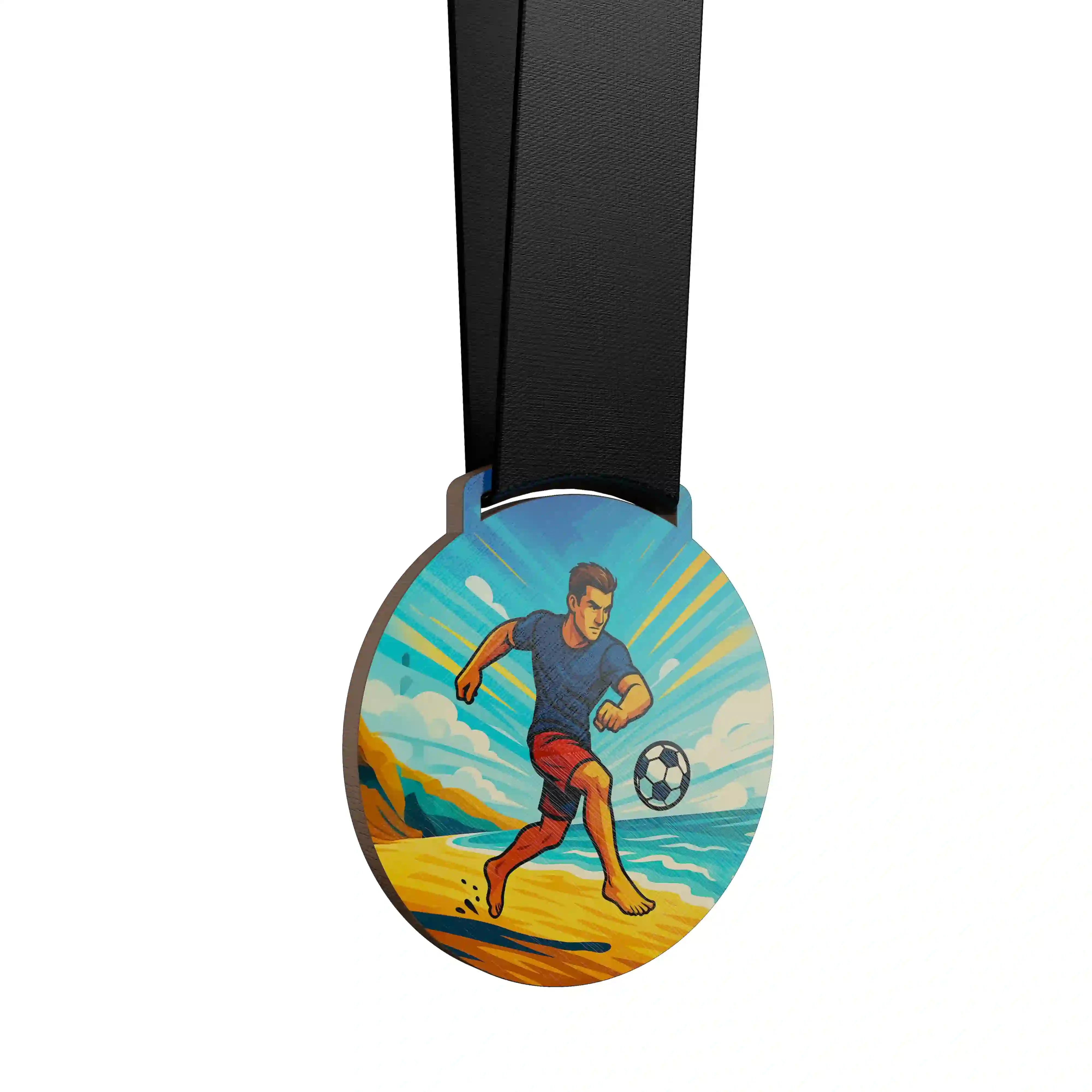 médaille en bois d'un homme jouant au beach soccer