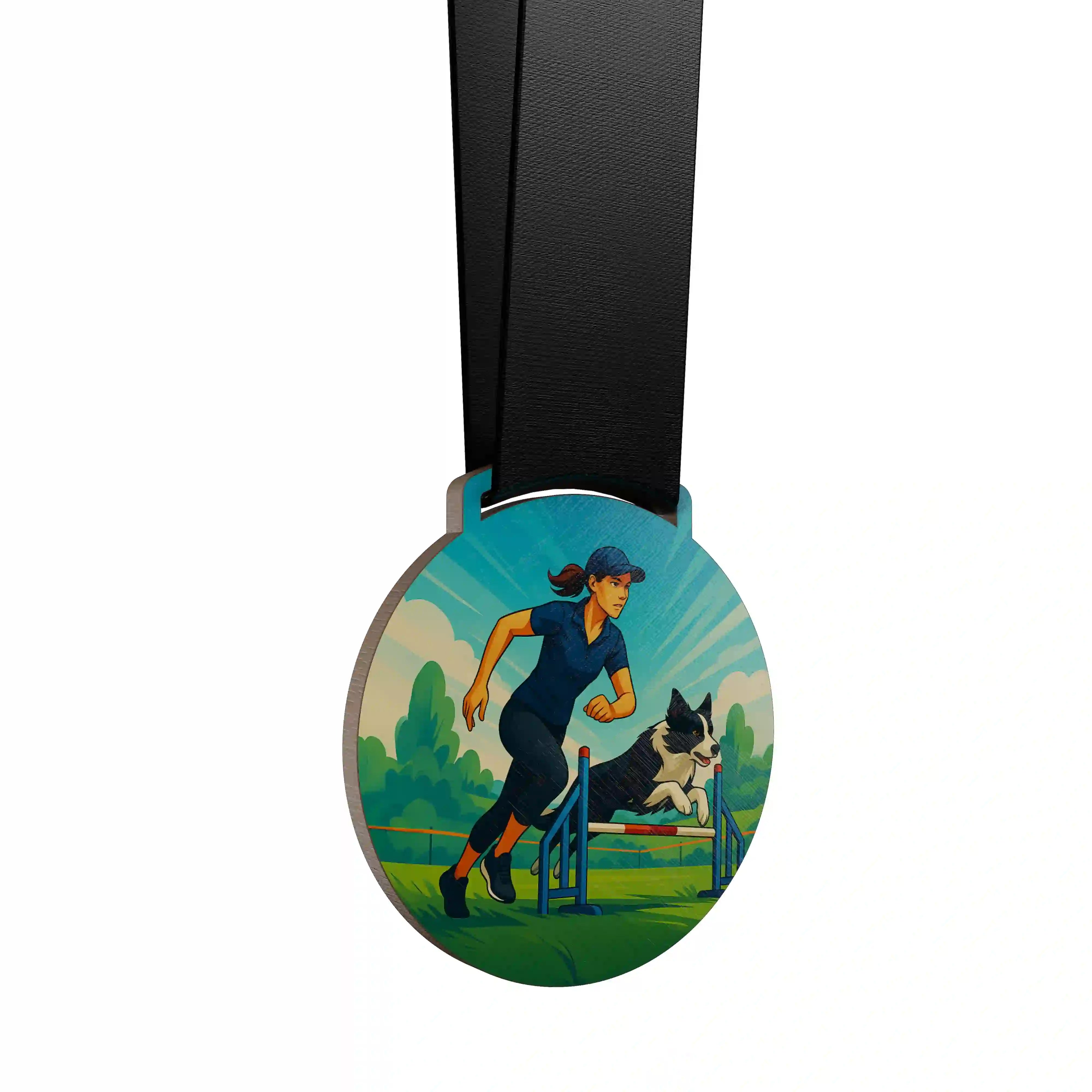 Un maître et son chien faisant un parcours avec des sauts de haie