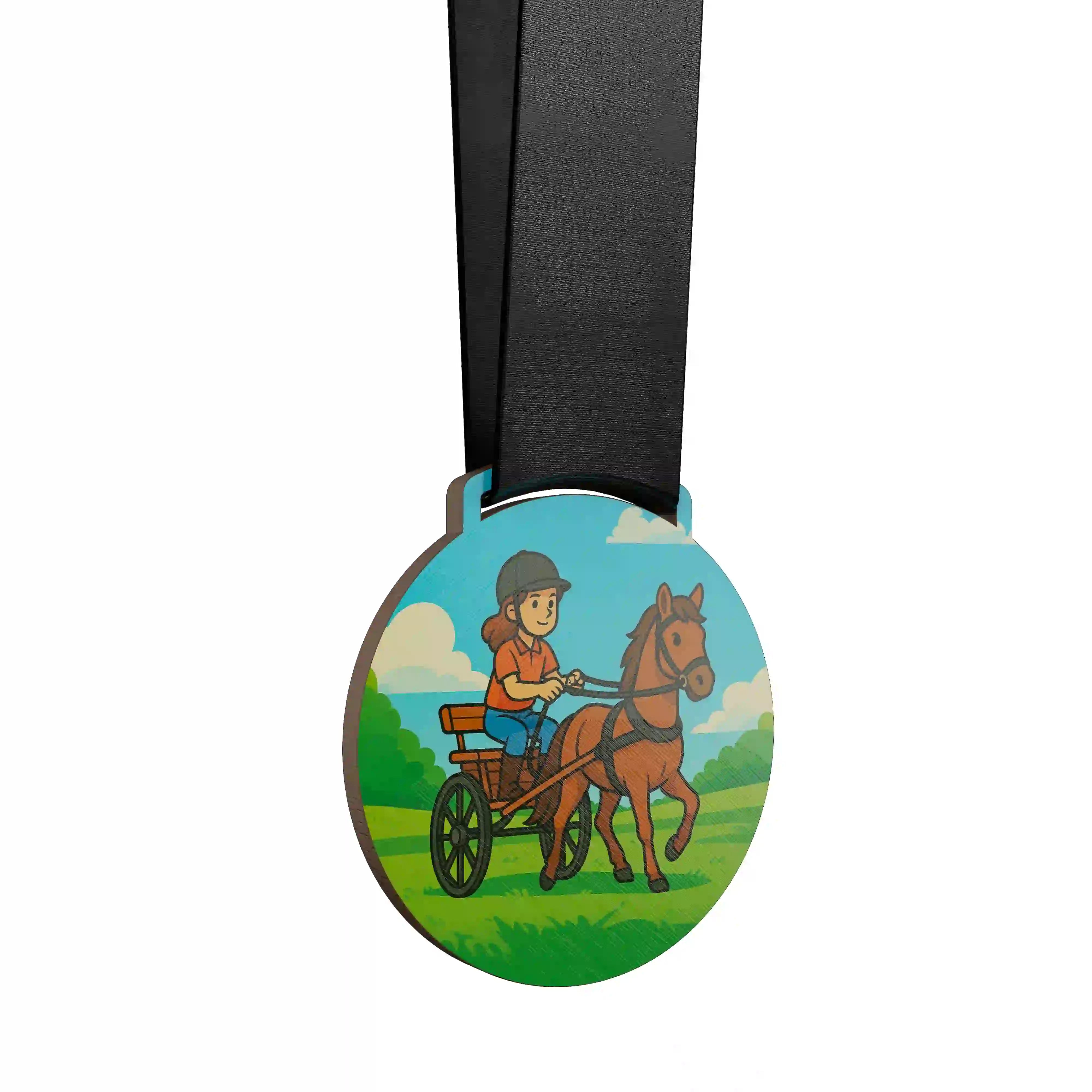 Petite fille conduisant un attelage équestre.
