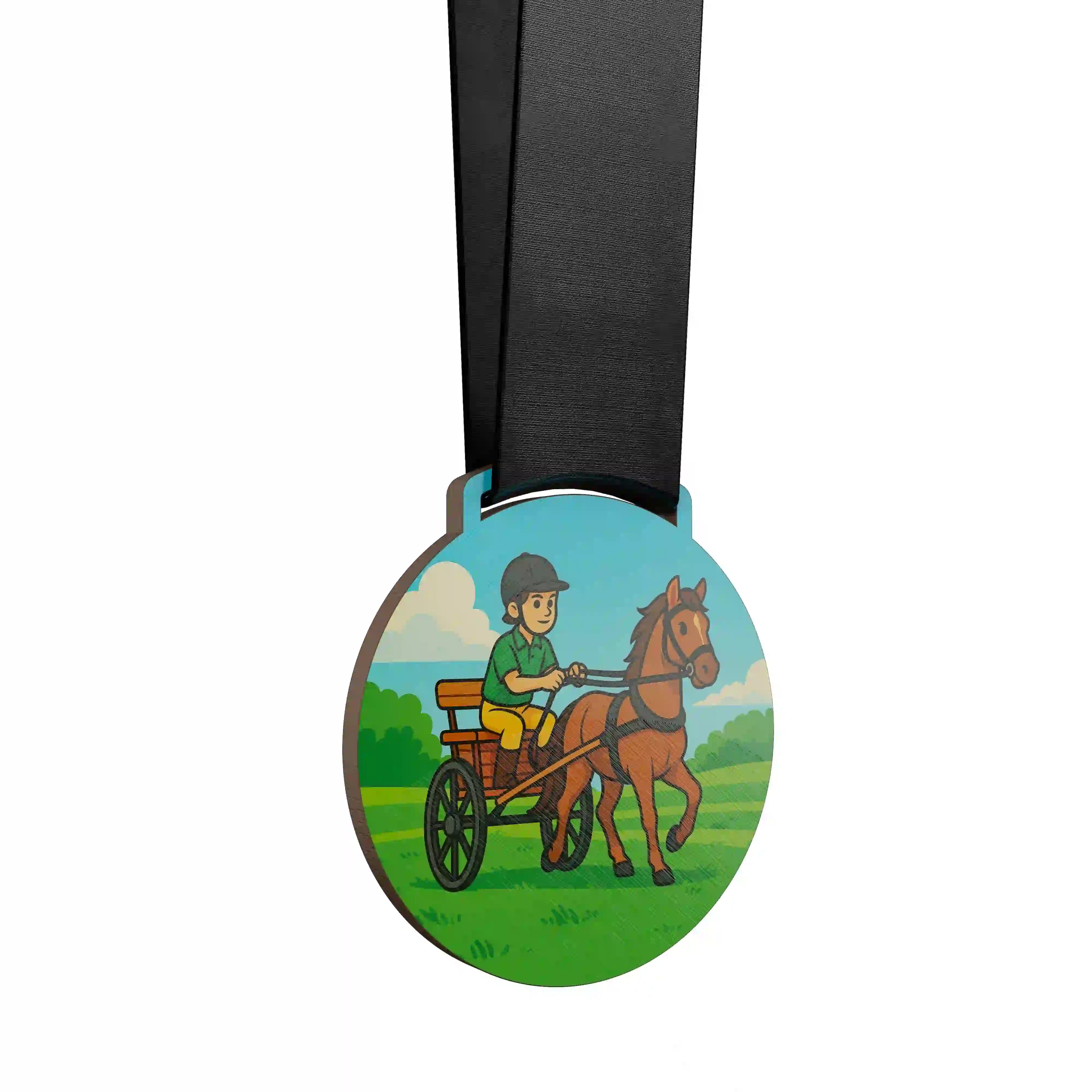 Petit garçon conduisant un attelage équestre au trot.