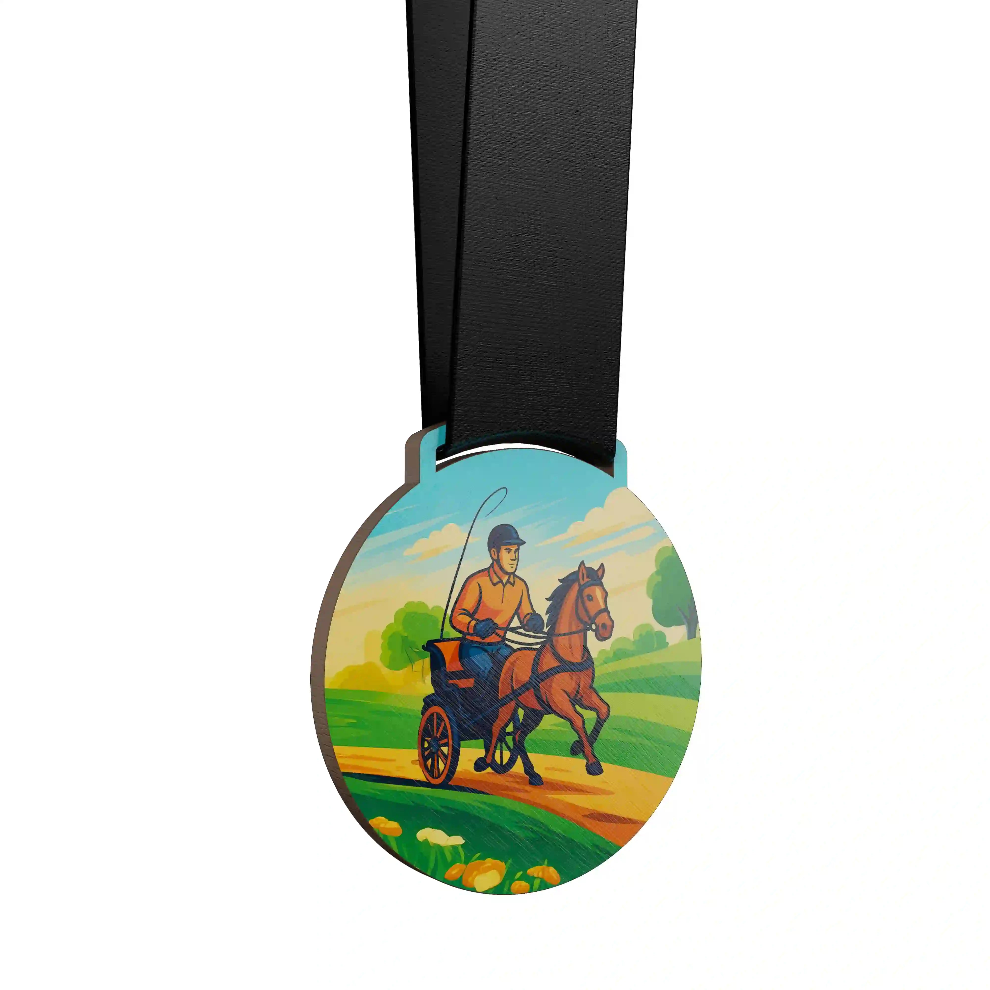 Homme en tenue d’attelage conduisant un cheval au trot.
