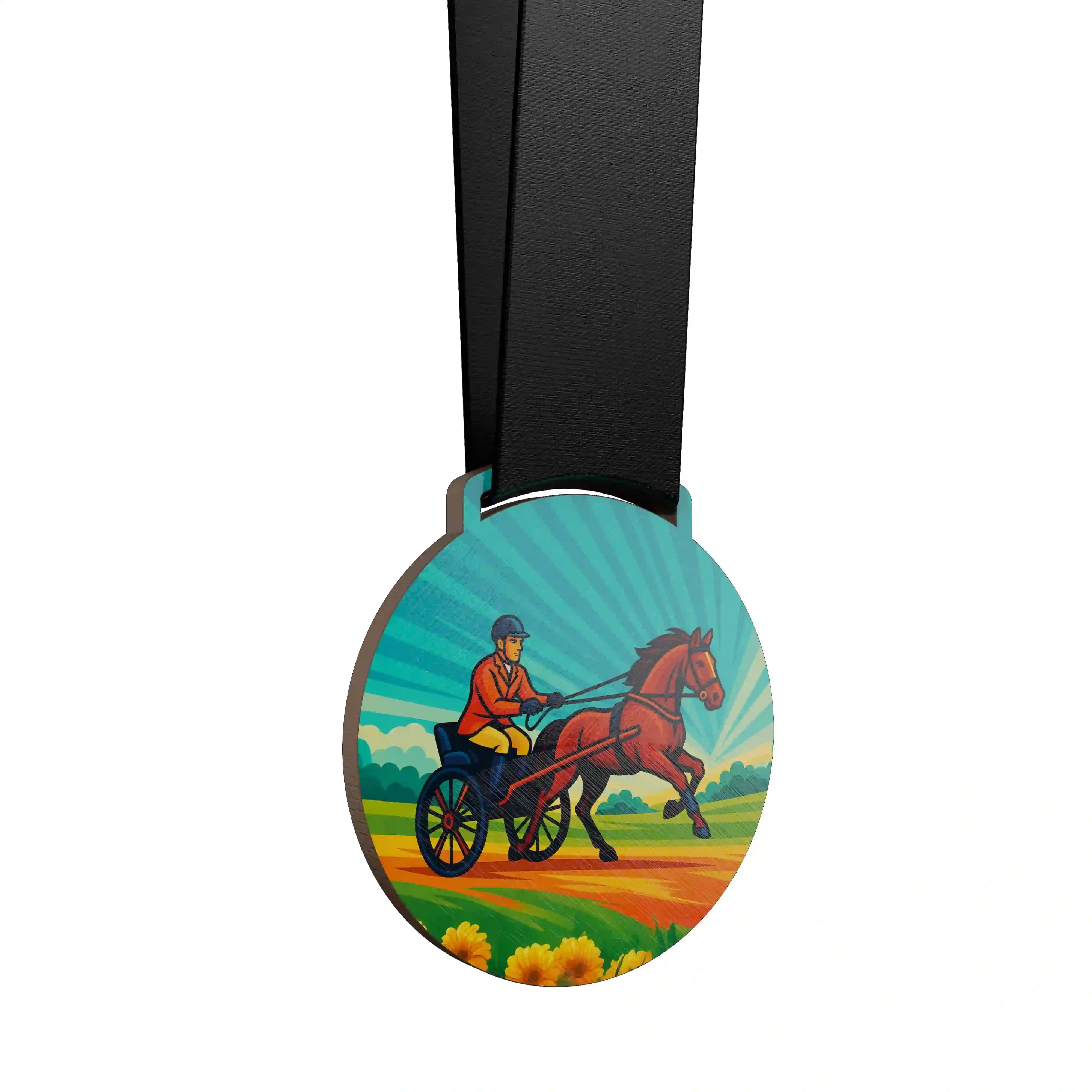 Homme conduisant un attelage équestre au trot.
