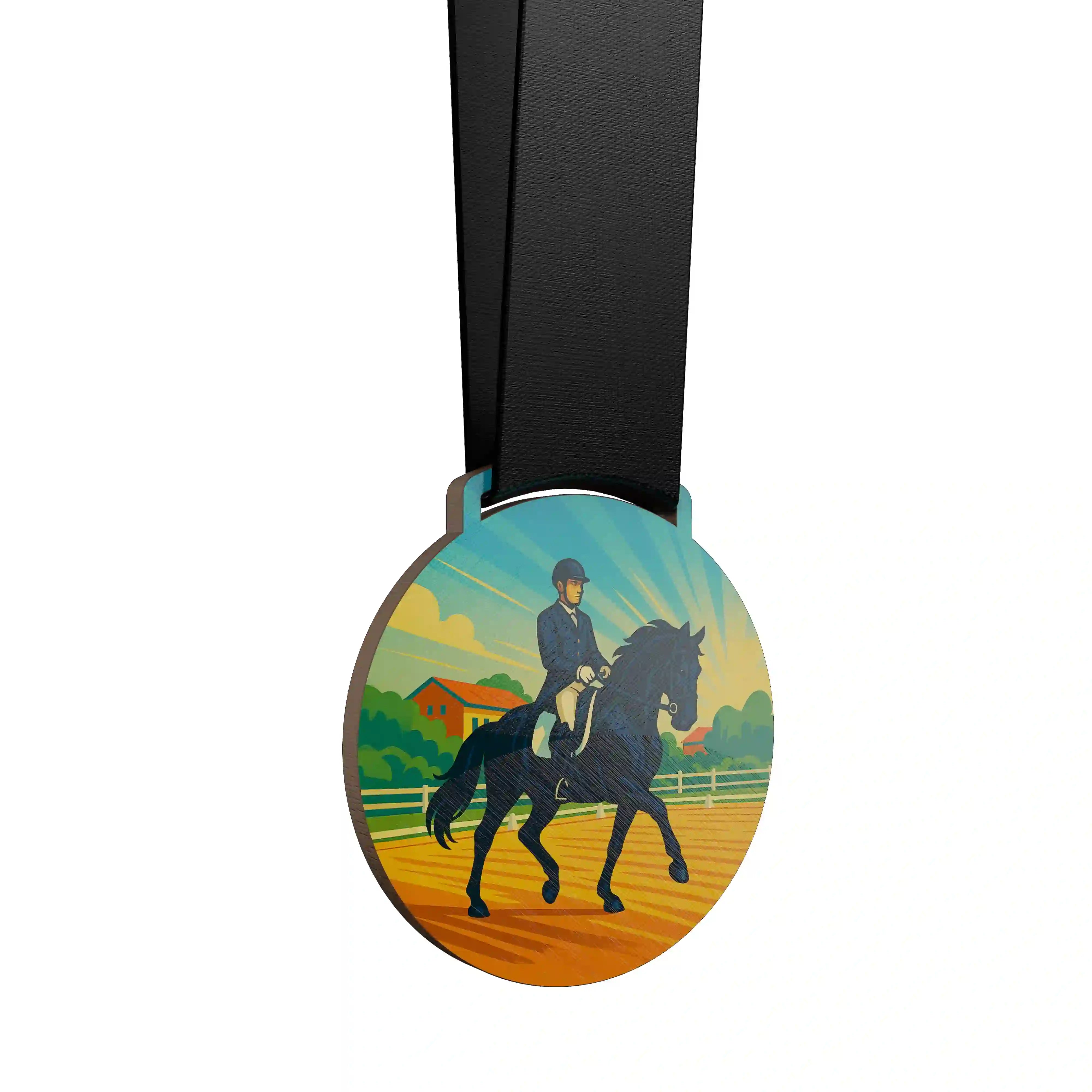 Homme effectuant un mouvement de dressage à cheval.
