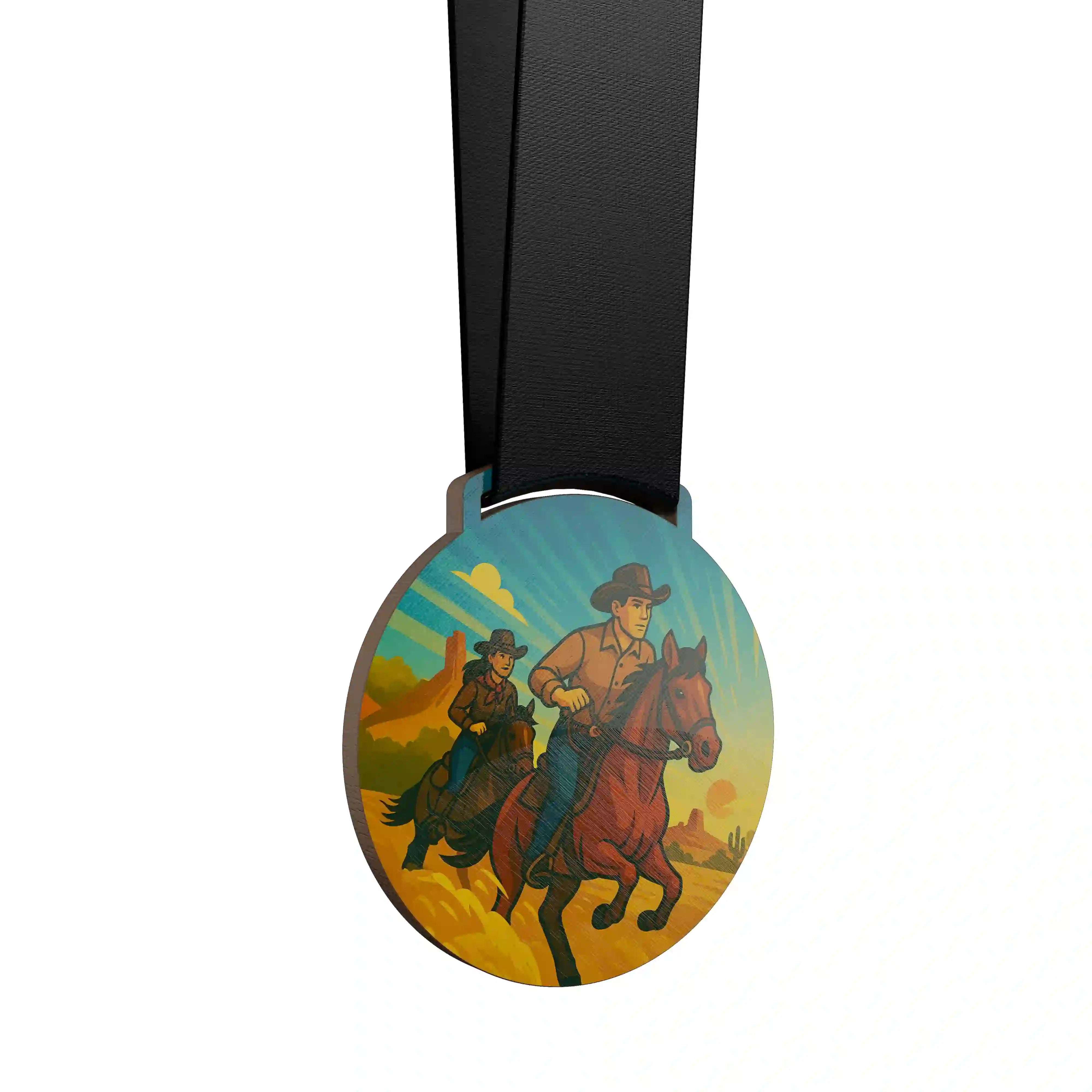 Deux cavaliers western galopant.
